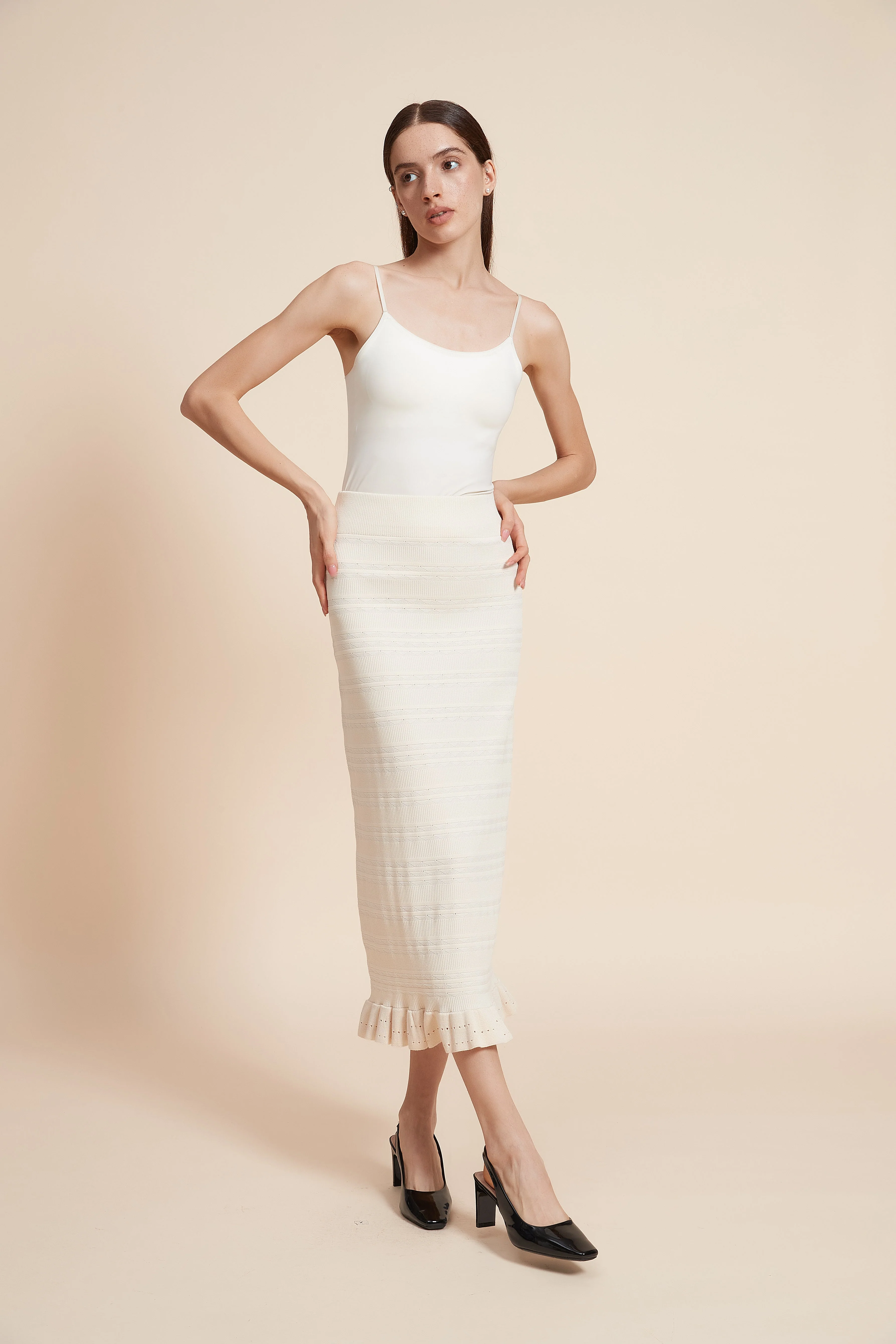 Striped Midi Skirt With Ruched Hem