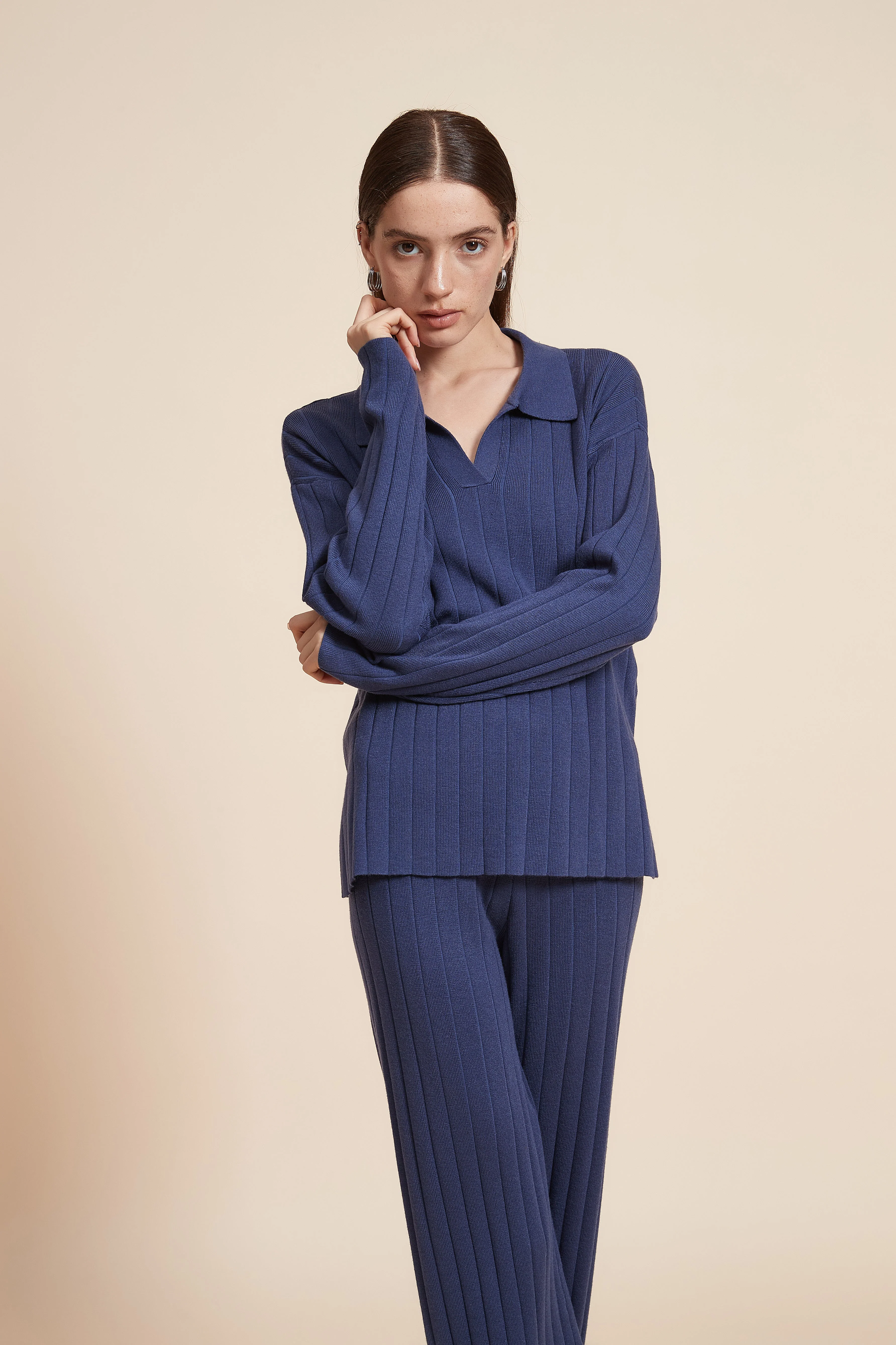Plain Ribbed Mid-Length Blouse With Long Sleeves
