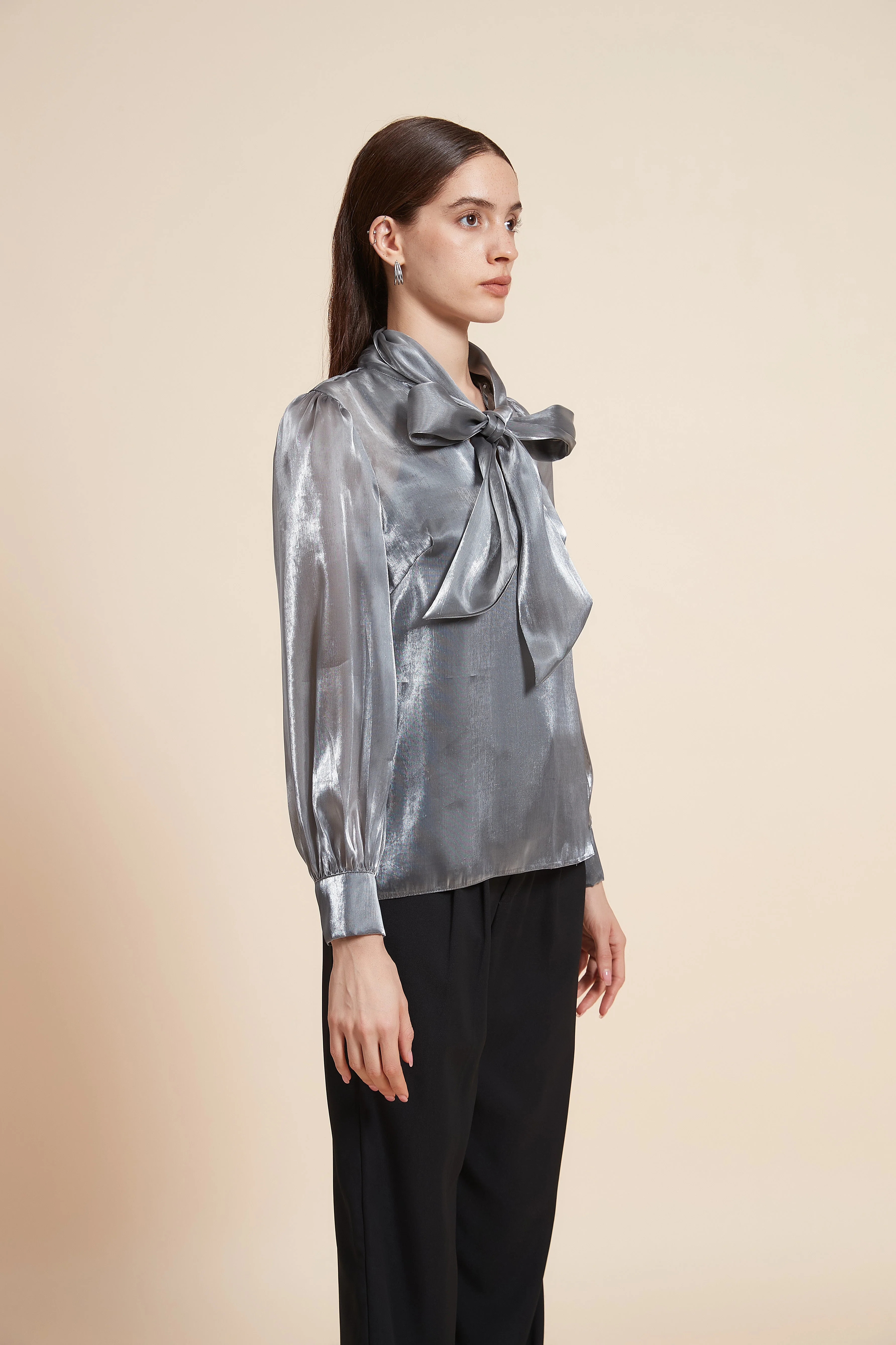 Mid-Length Long Sleeve Blouse with Tie - Image 2