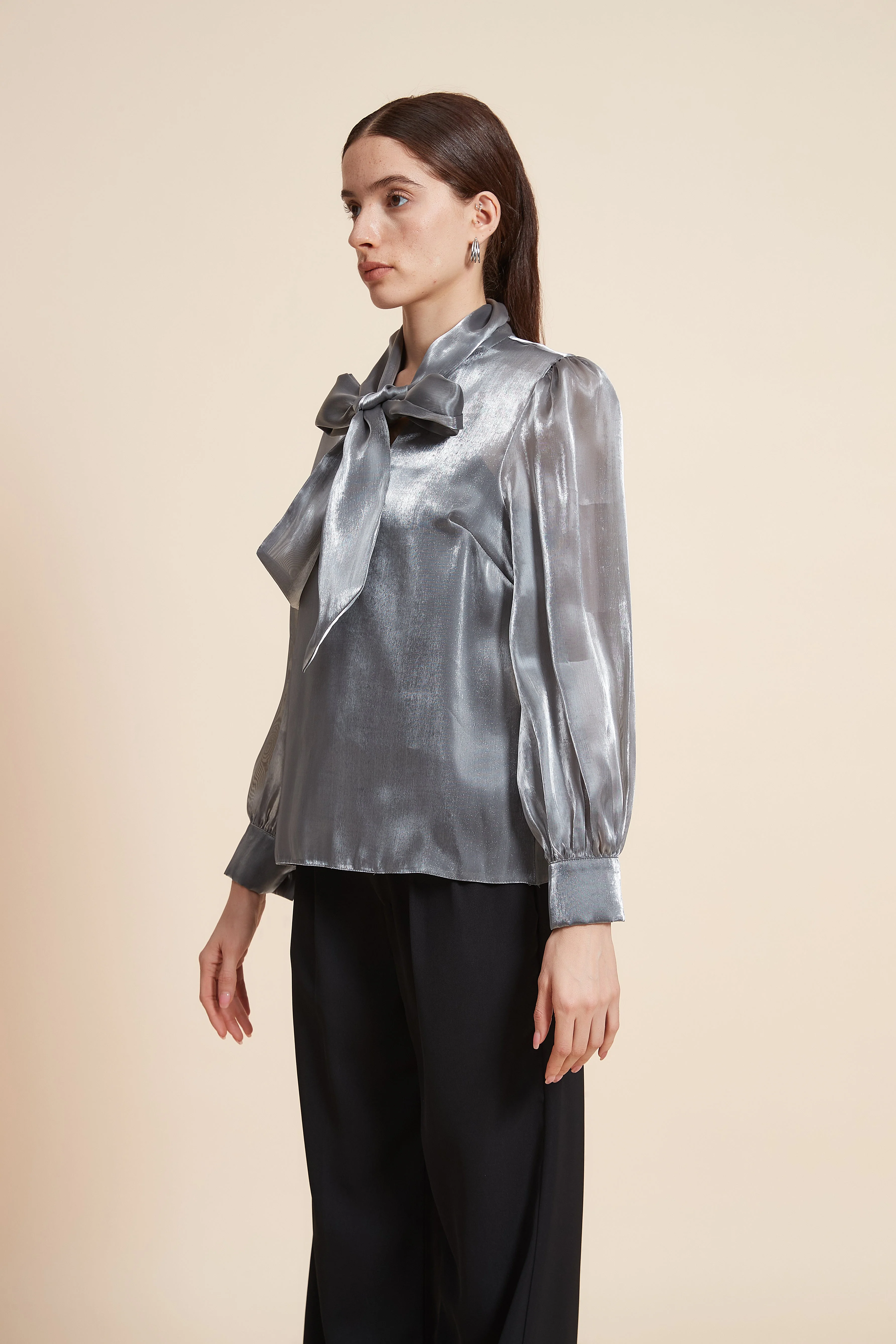 Mid-Length Long Sleeve Blouse with Tie - Image 3