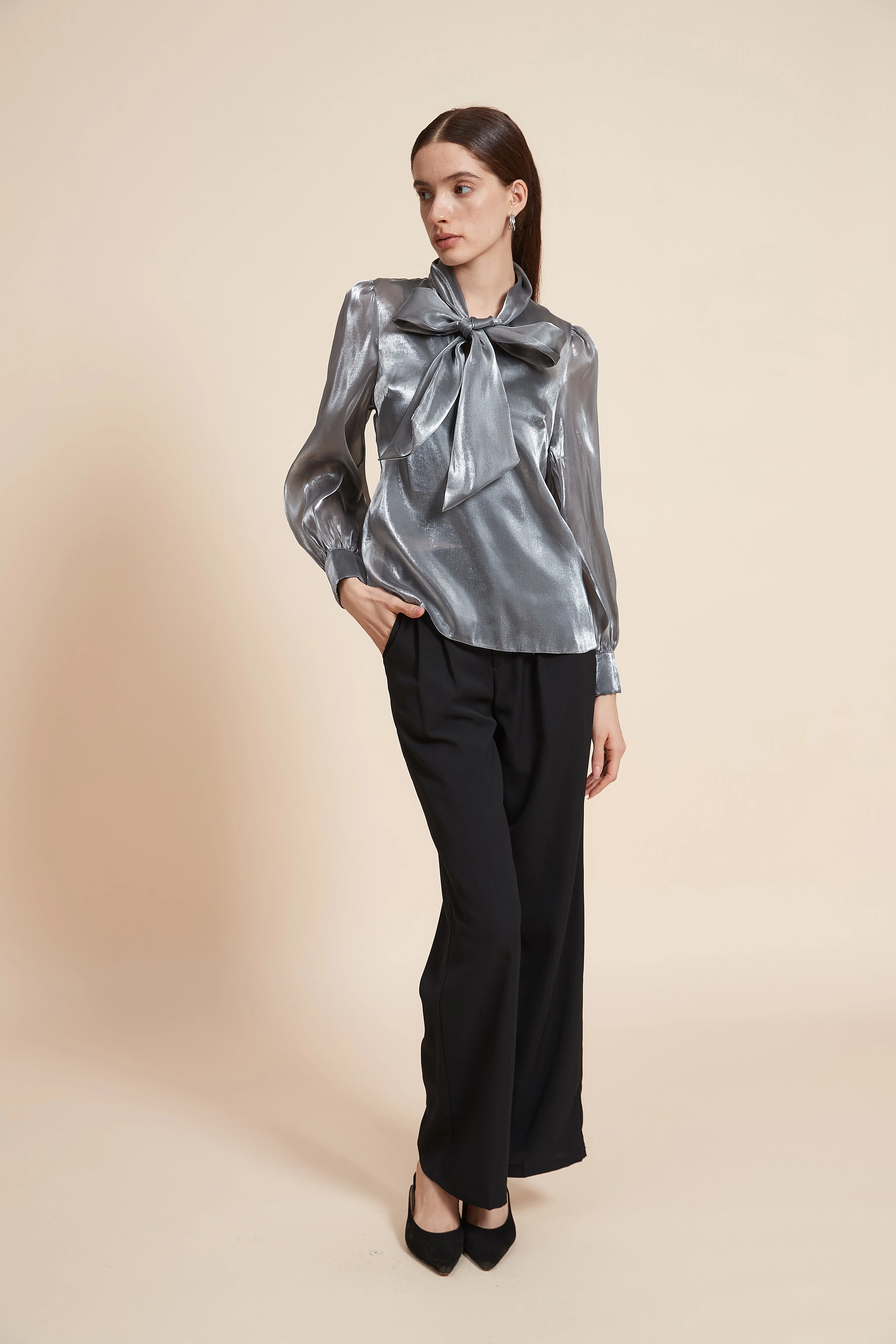 Mid-Length Long Sleeve Blouse with Tie - Image 4