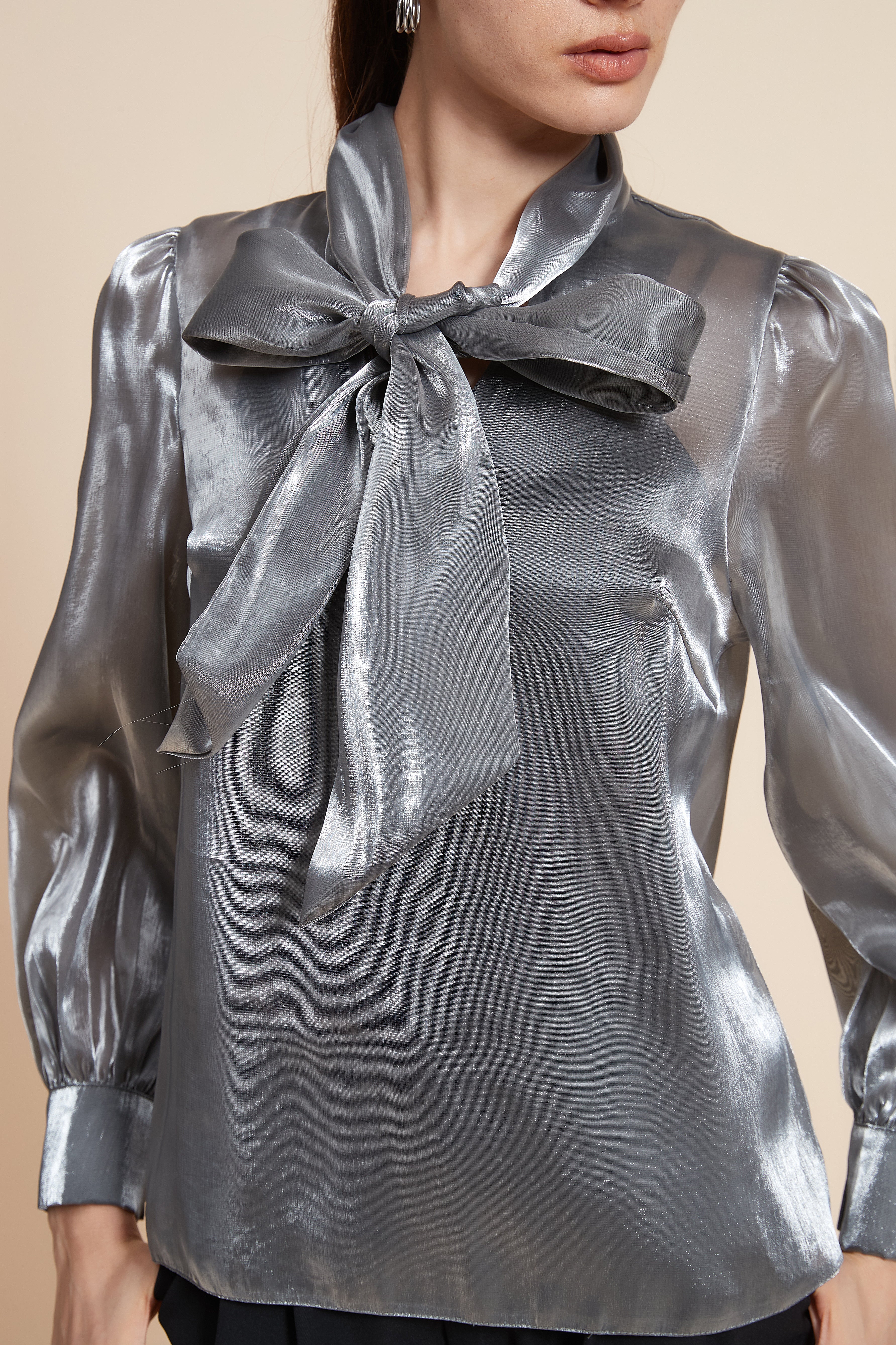 Mid-Length Long Sleeve Blouse with Tie - Image 5
