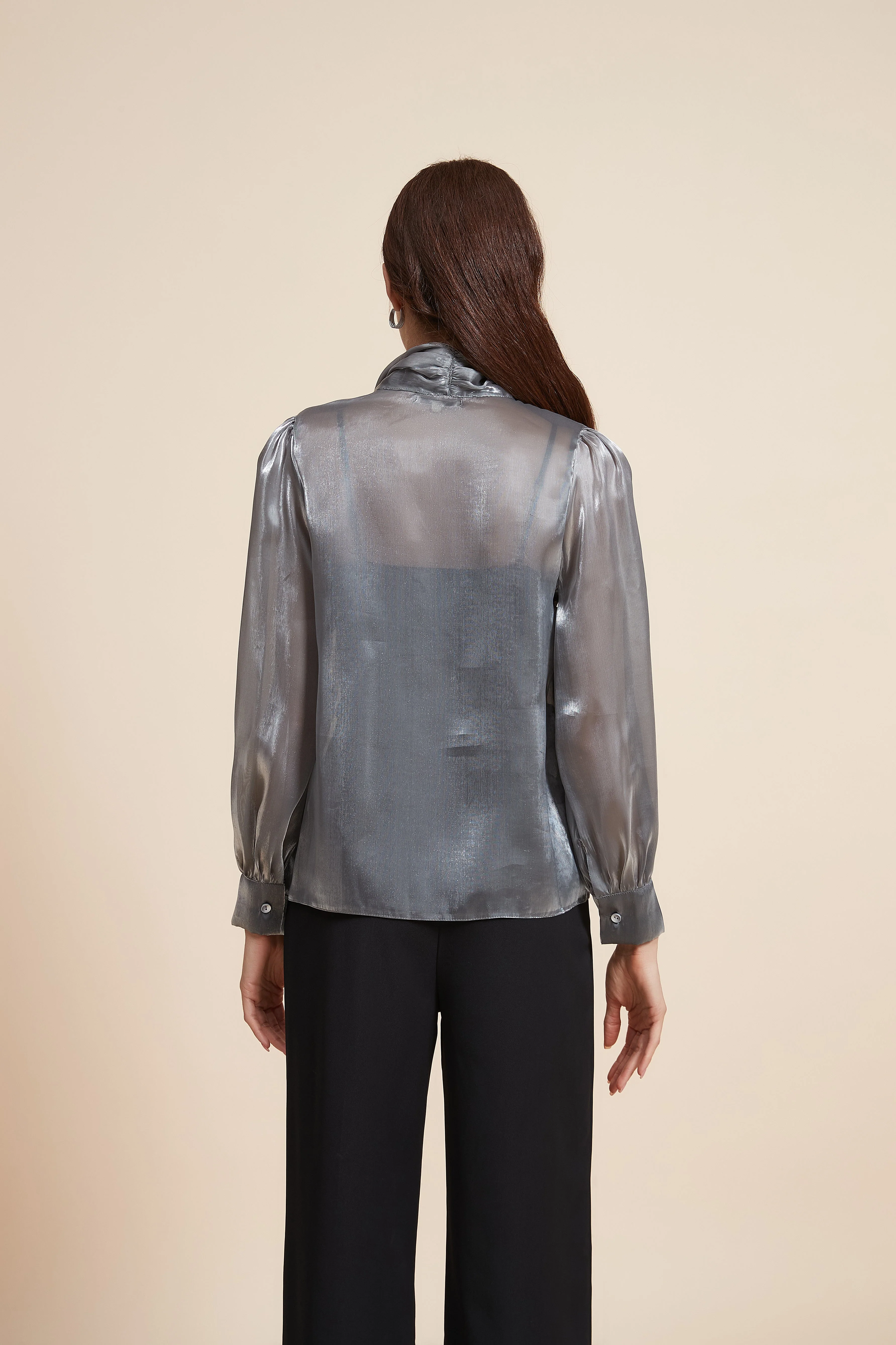 Mid-Length Long Sleeve Blouse with Tie - Image 6