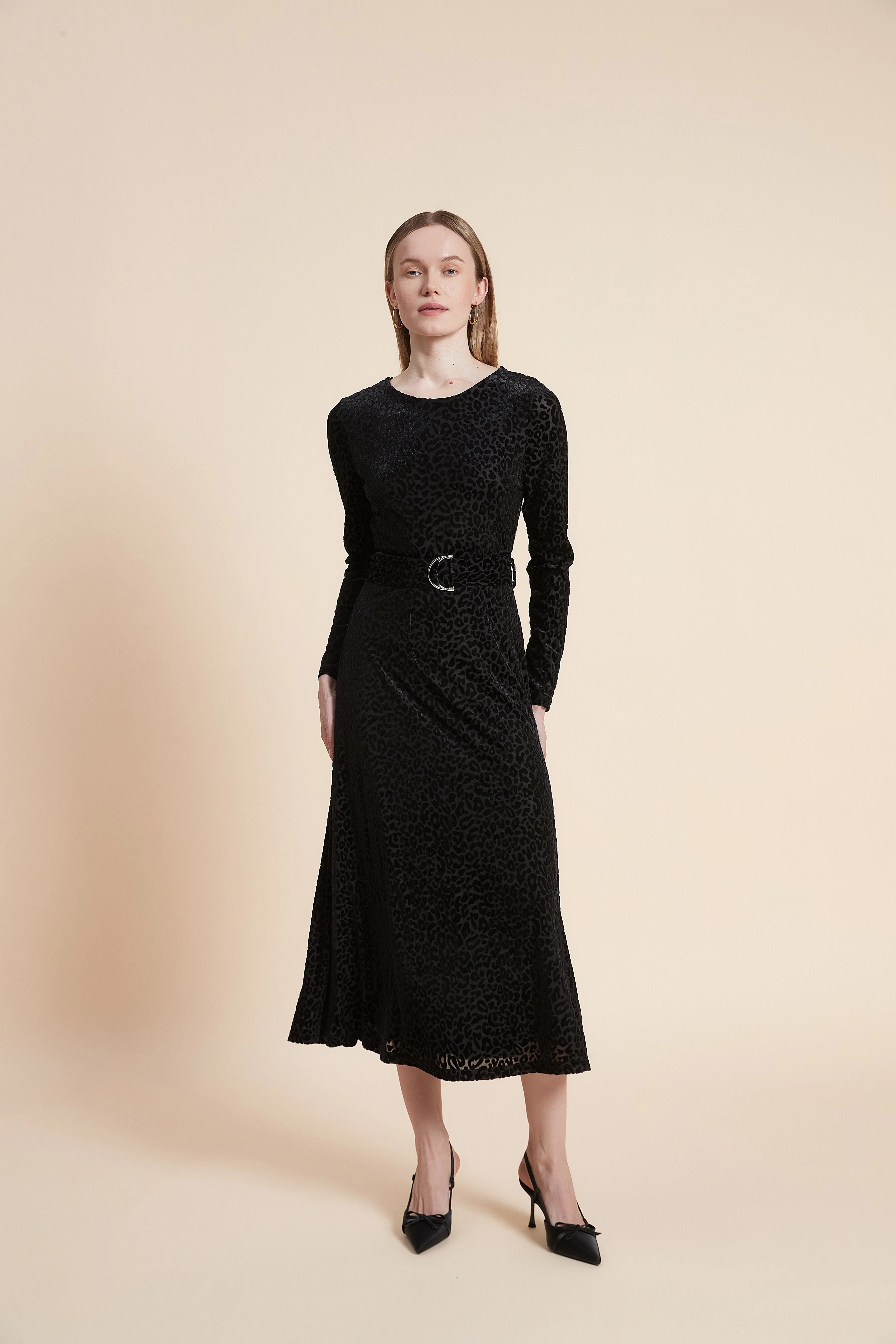 Print Midi Dress with Long Sleeves