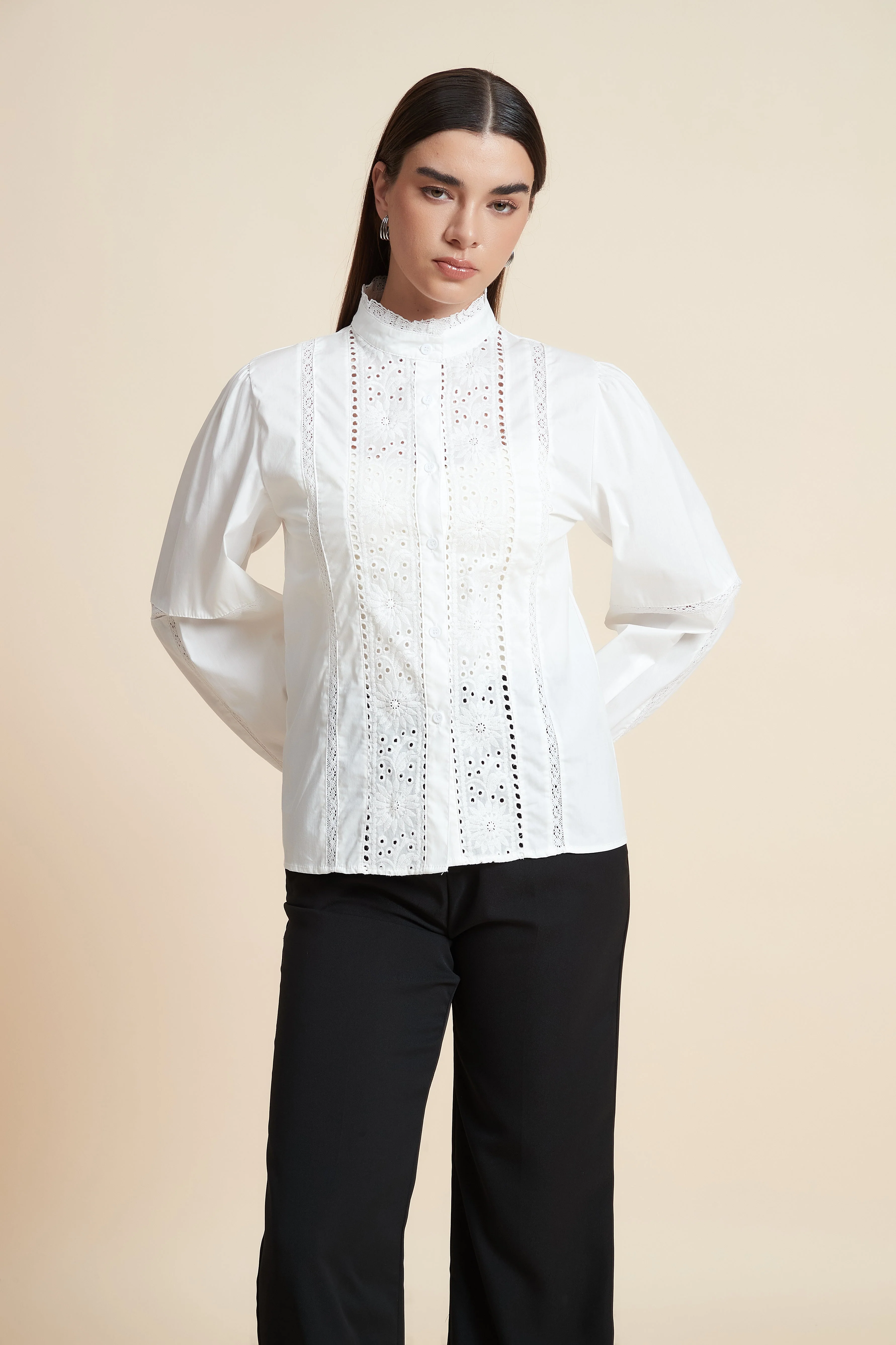 Long-Sleeved Lace Blouse With Waist-Length Sleeves