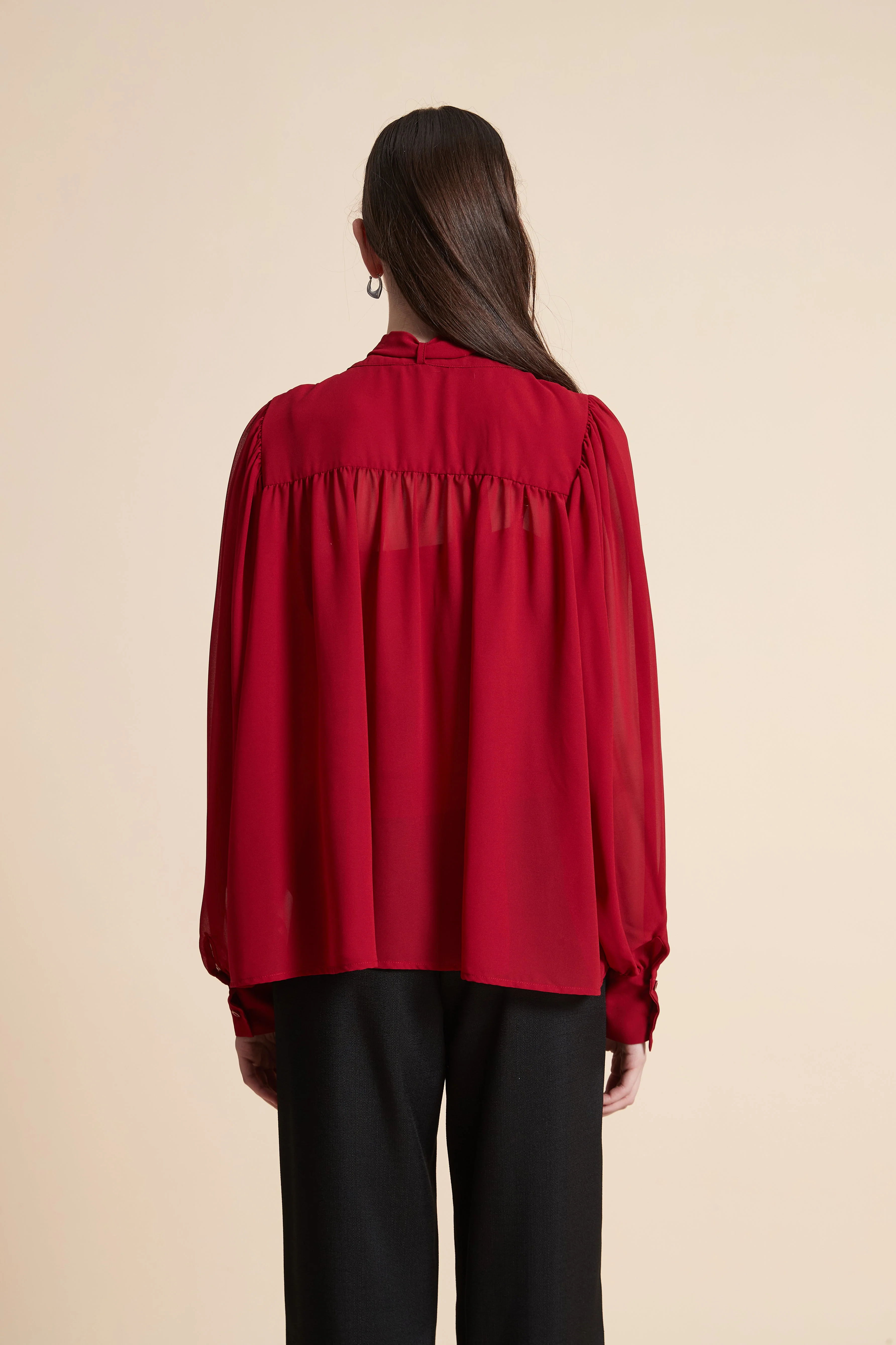 Solid Color Long Sleeve Tie Neck Blouse - Image 5