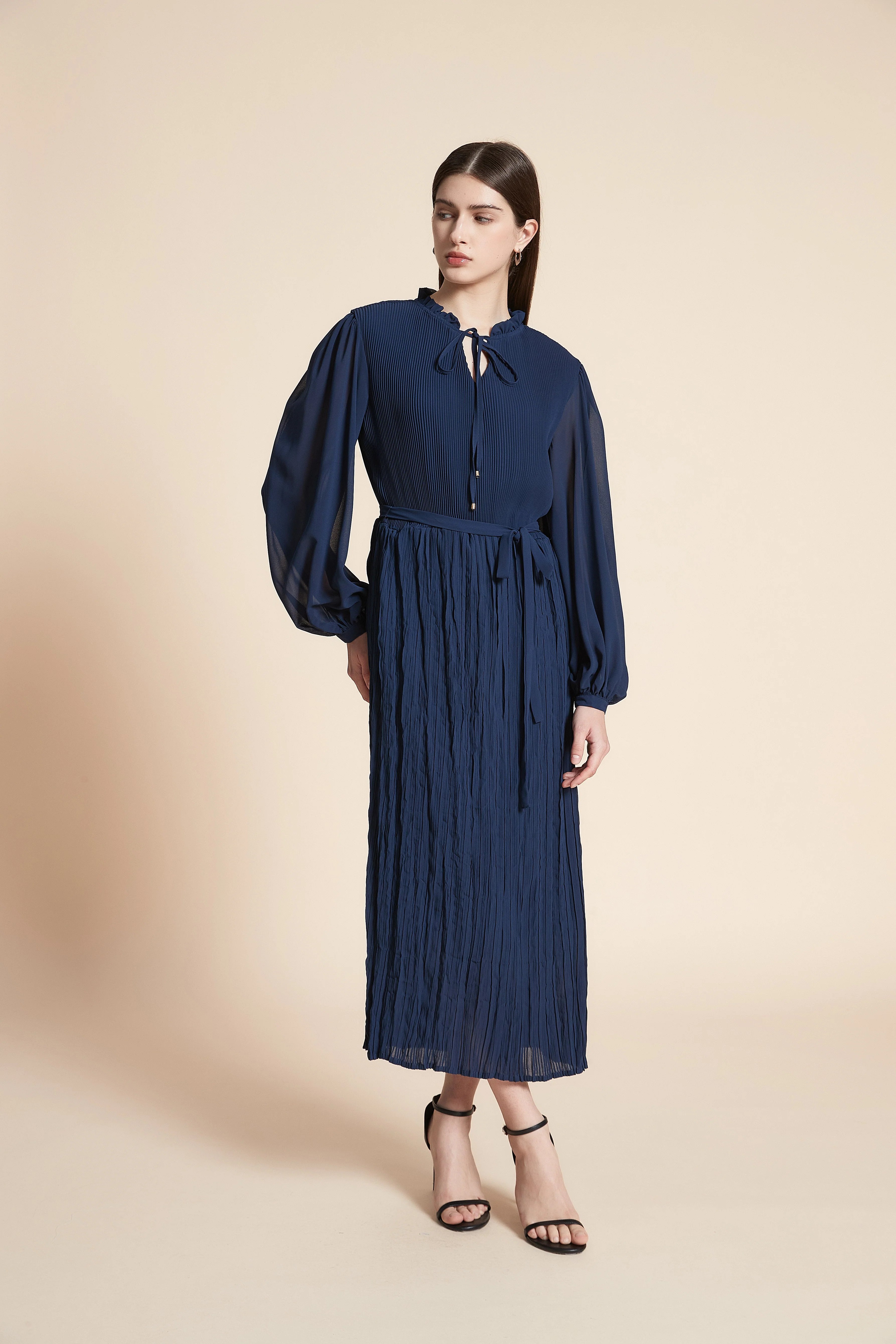 Solid Ruffled Long Sleeve Midi Dress