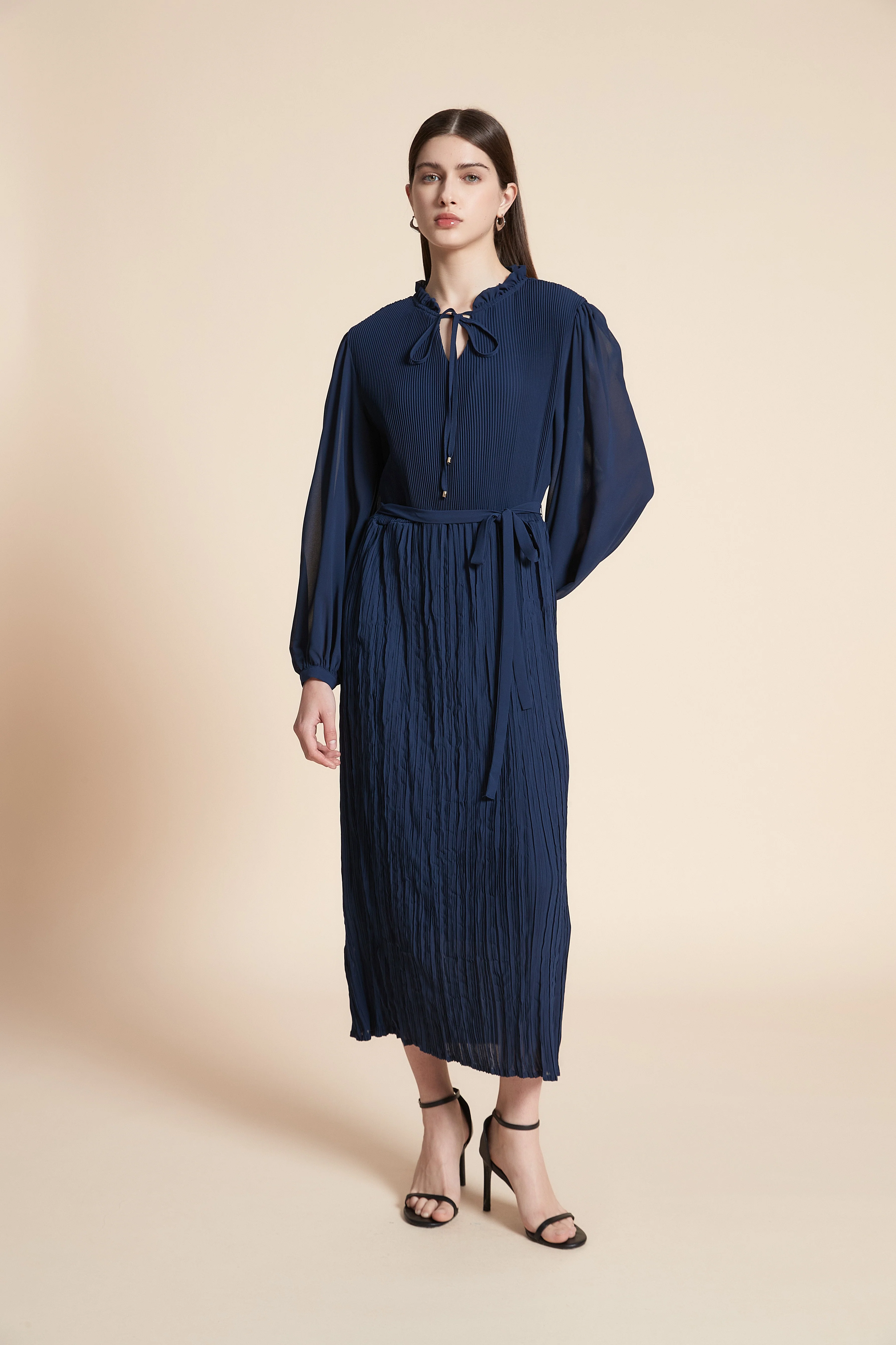 Solid Ruffled Long Sleeve Midi Dress - Image 2