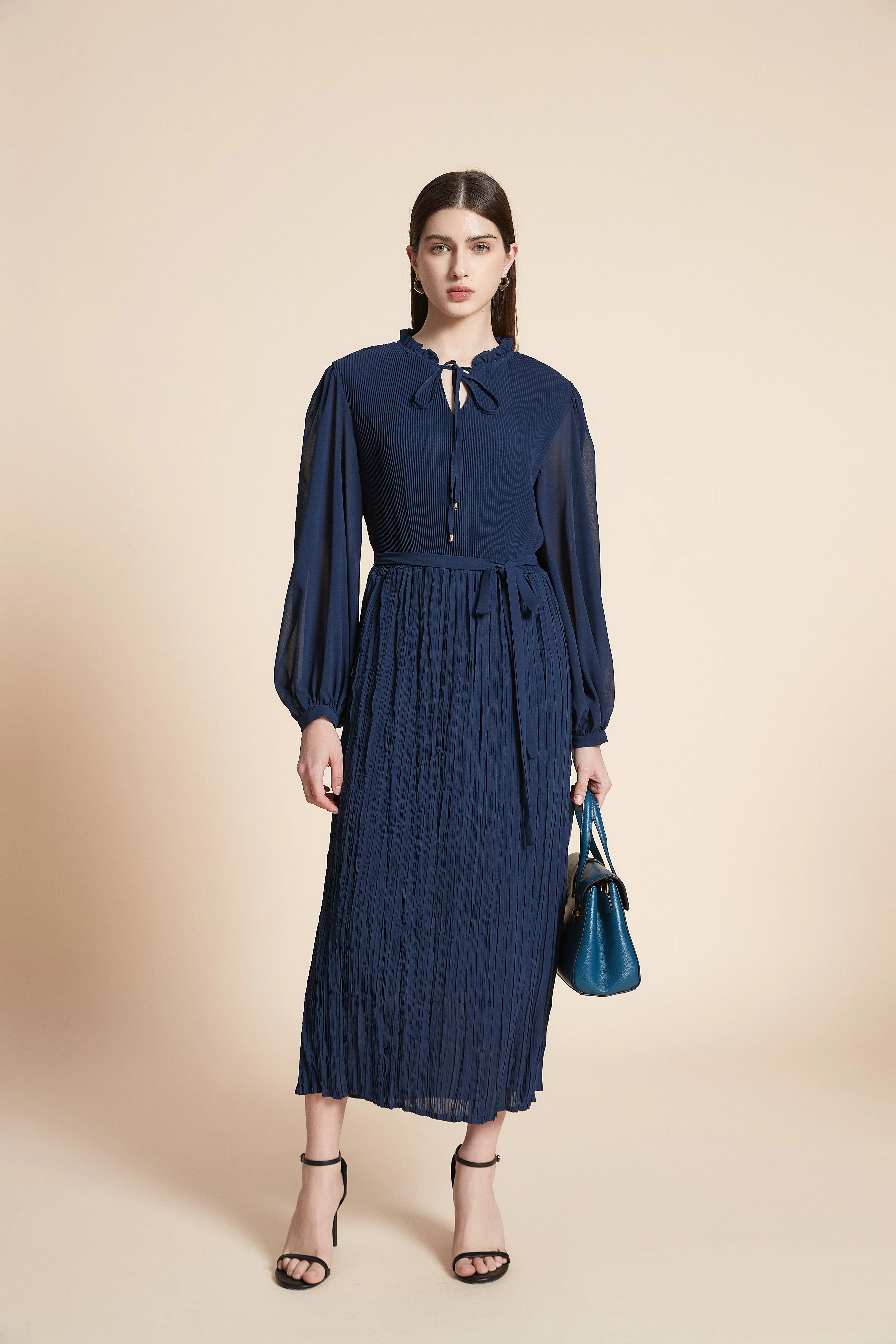 Solid Ruffled Long Sleeve Midi Dress - Image 3