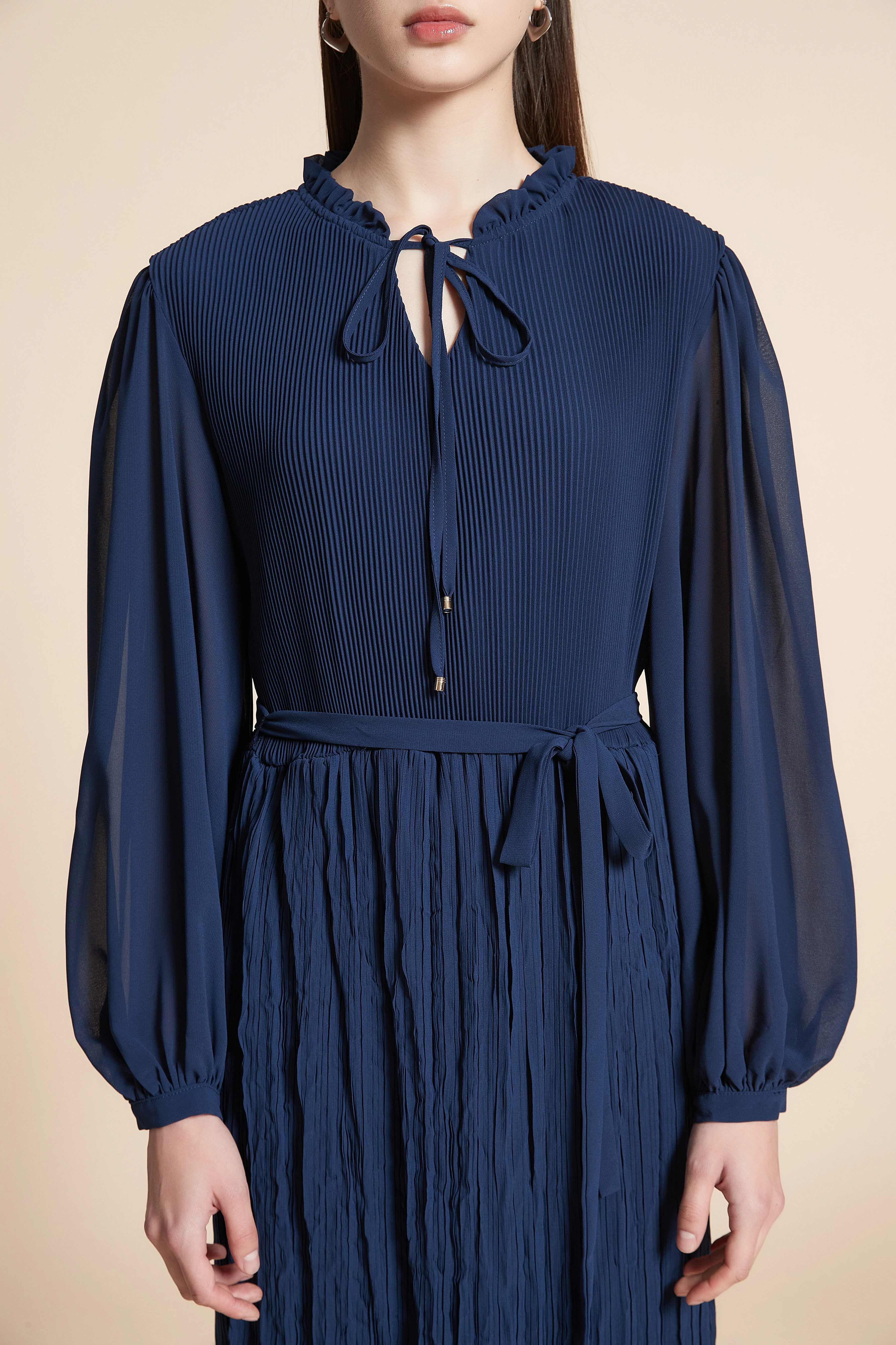Solid Ruffled Long Sleeve Midi Dress - Image 4
