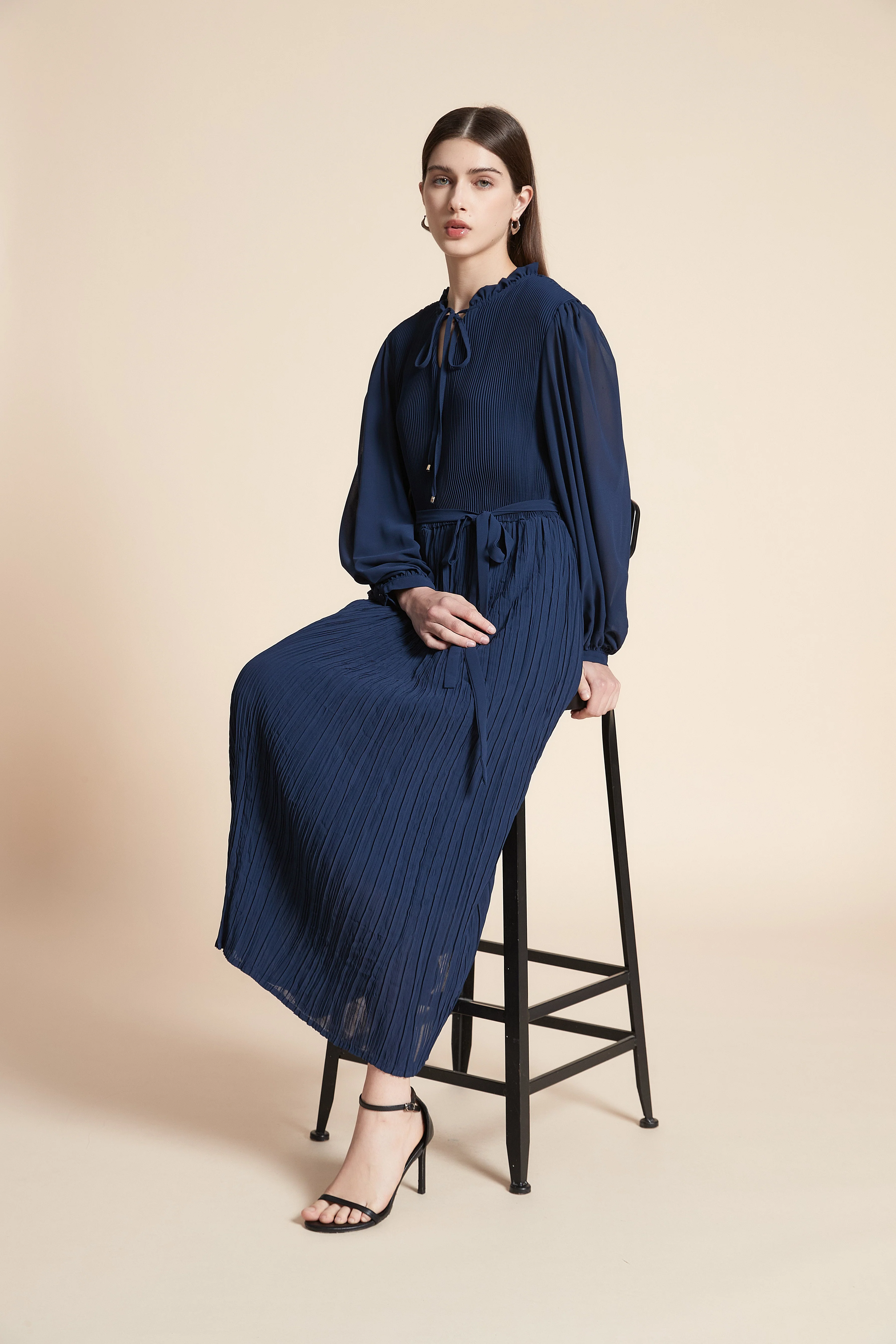 Solid Ruffled Long Sleeve Midi Dress - Image 6