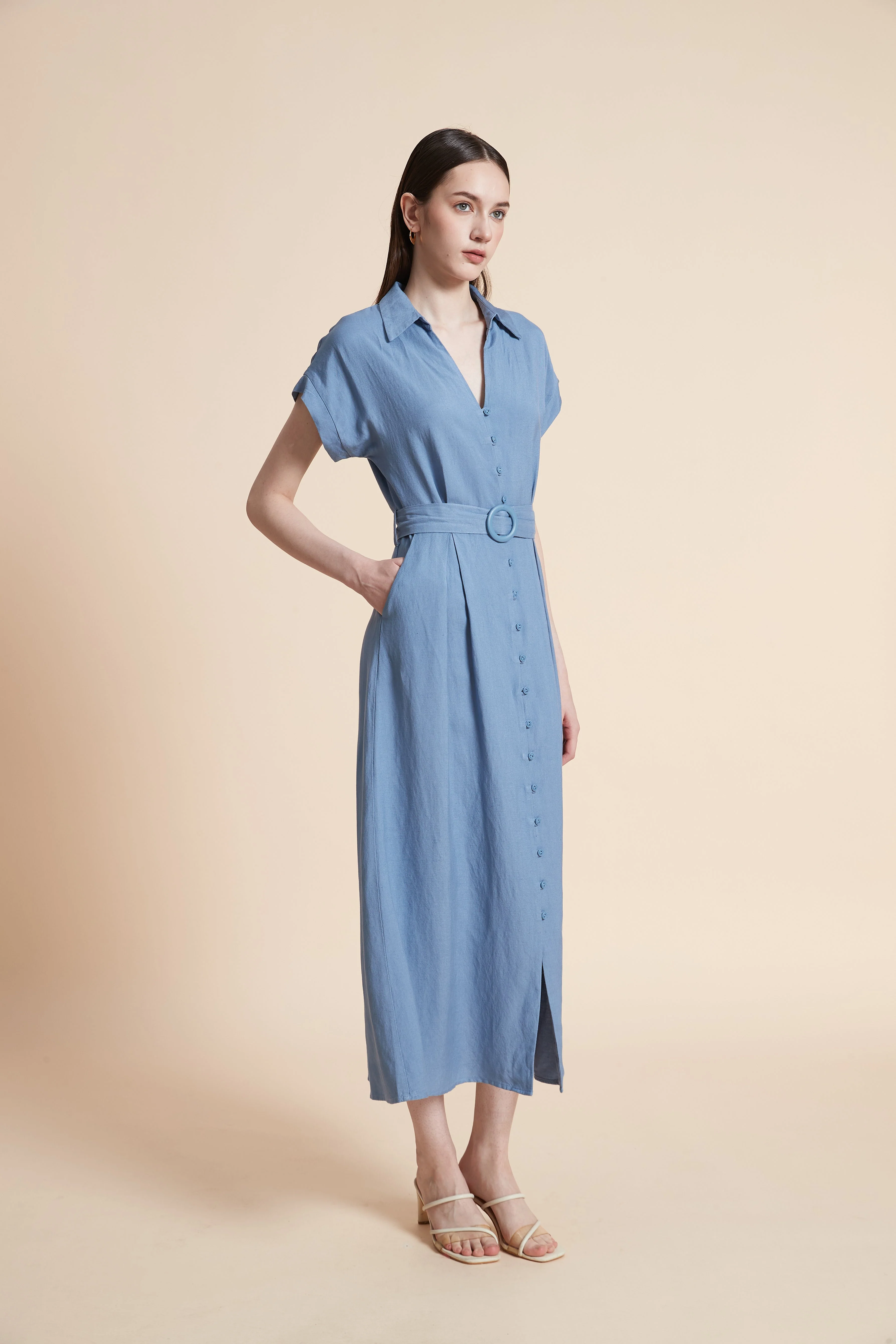Midi Dress with Waist Belt and Short Sleeves - Image 3