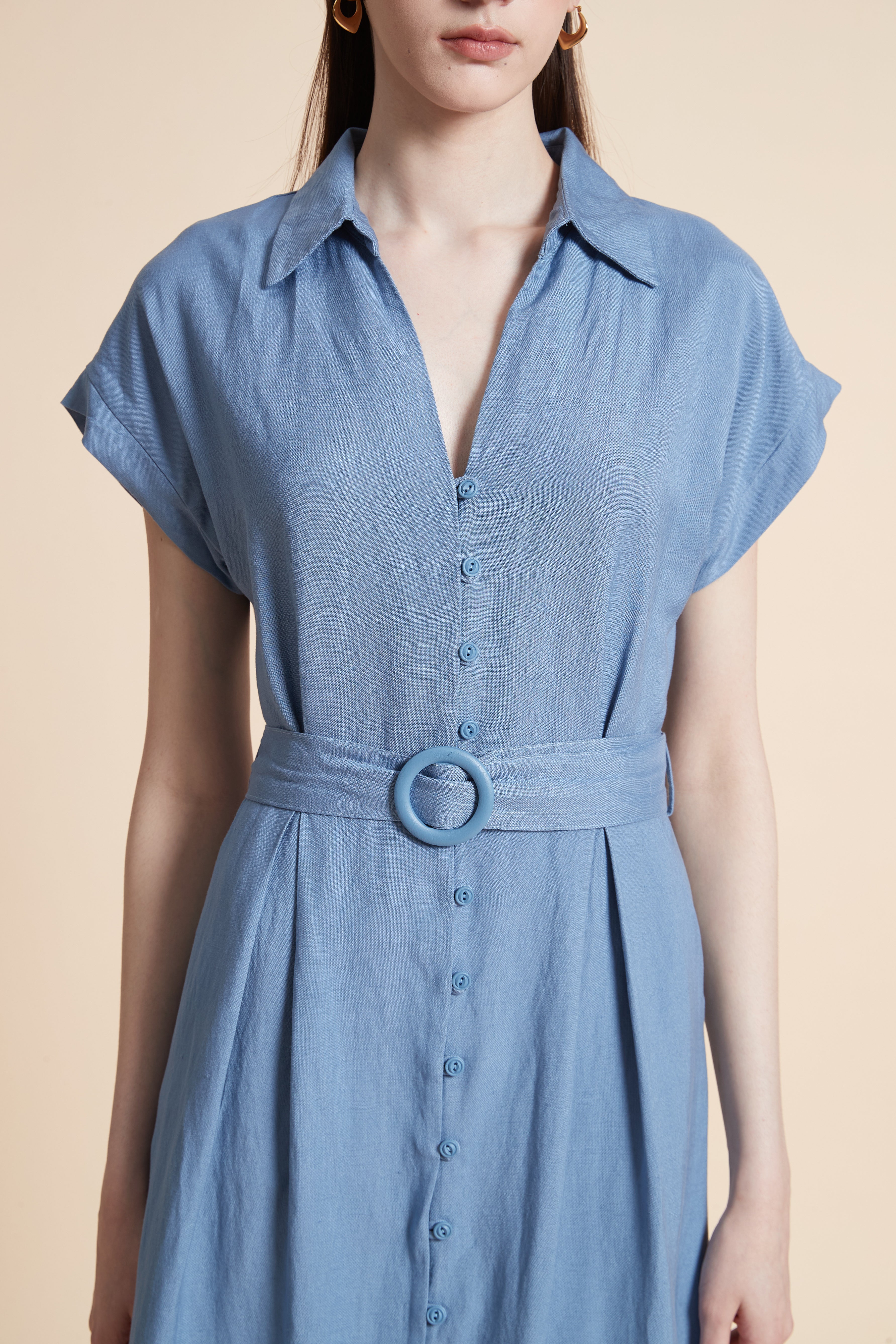 Midi Dress with Waist Belt and Short Sleeves - Image 4