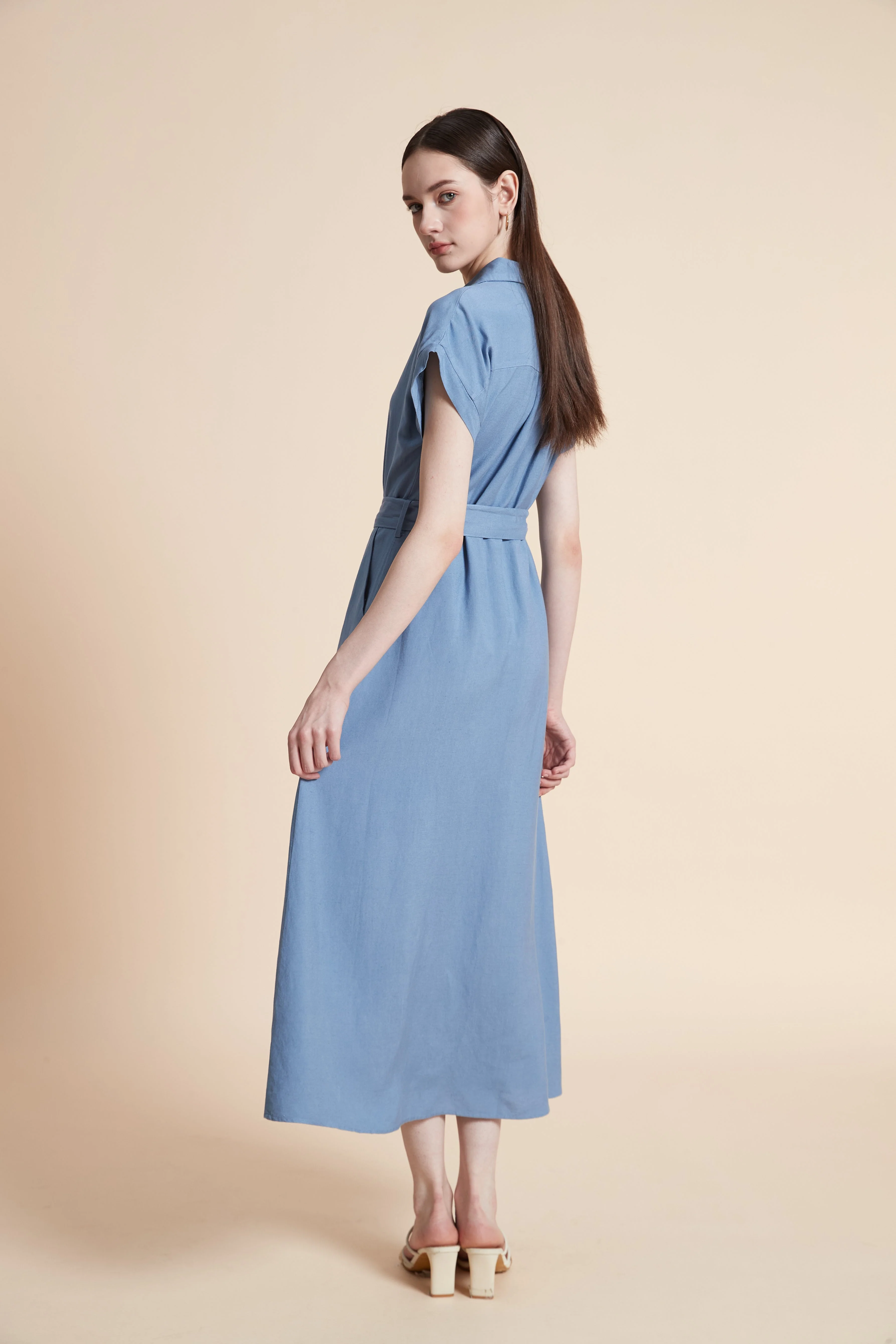 Midi Dress with Waist Belt and Short Sleeves - Image 6