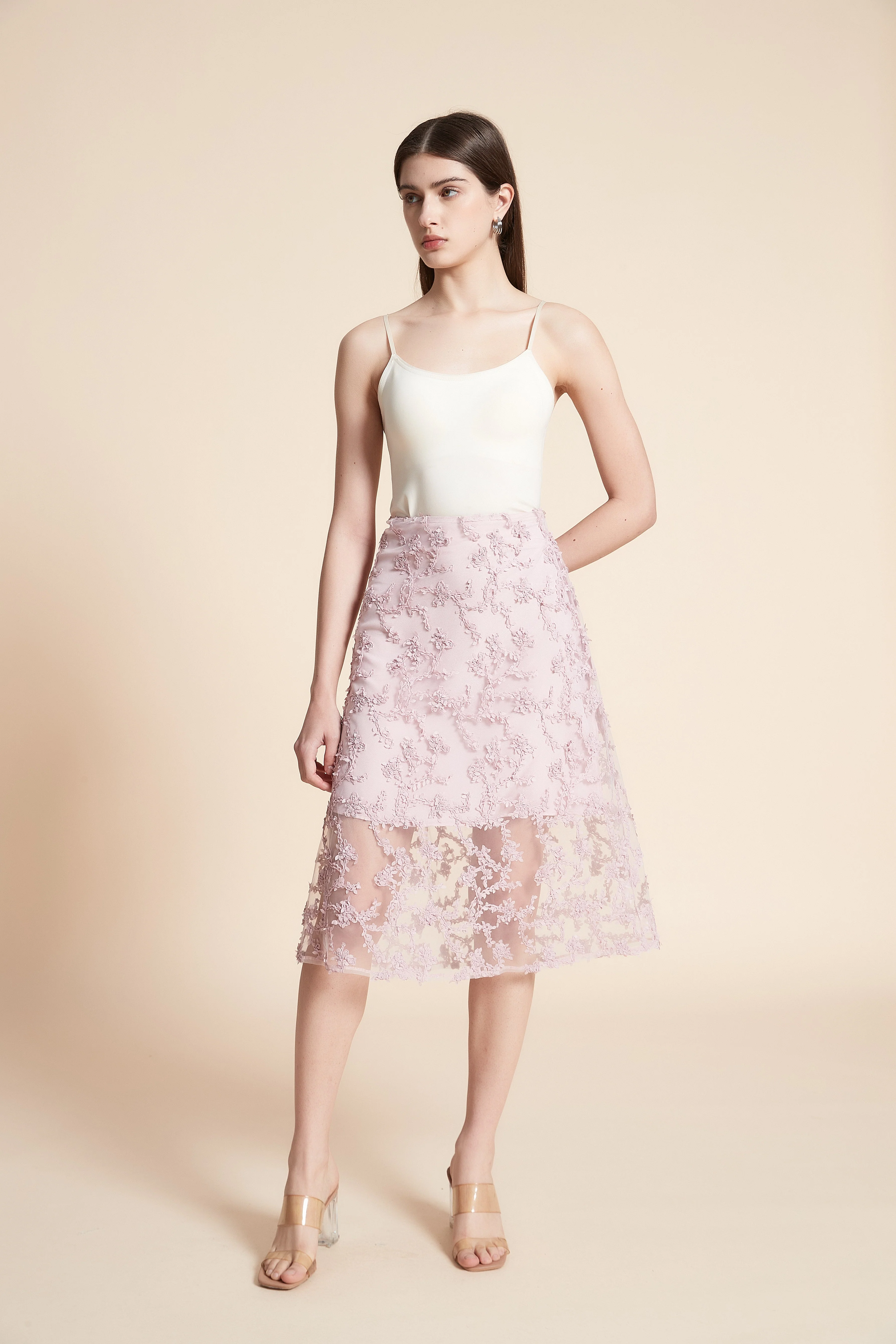 Embroidered Wide Midi Skirt