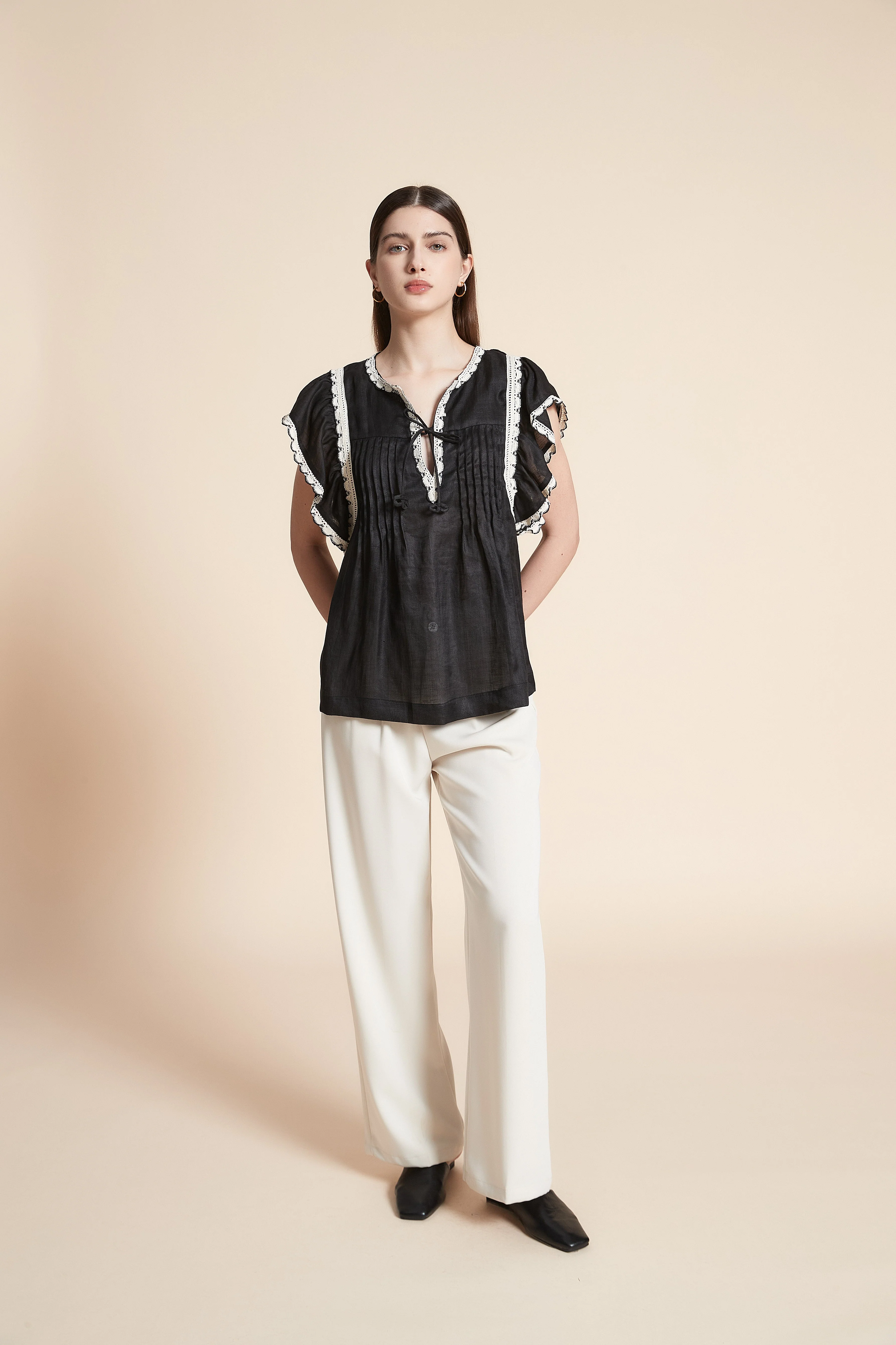 Solid Waist-Length Short Sleeve Blouse - Image 2