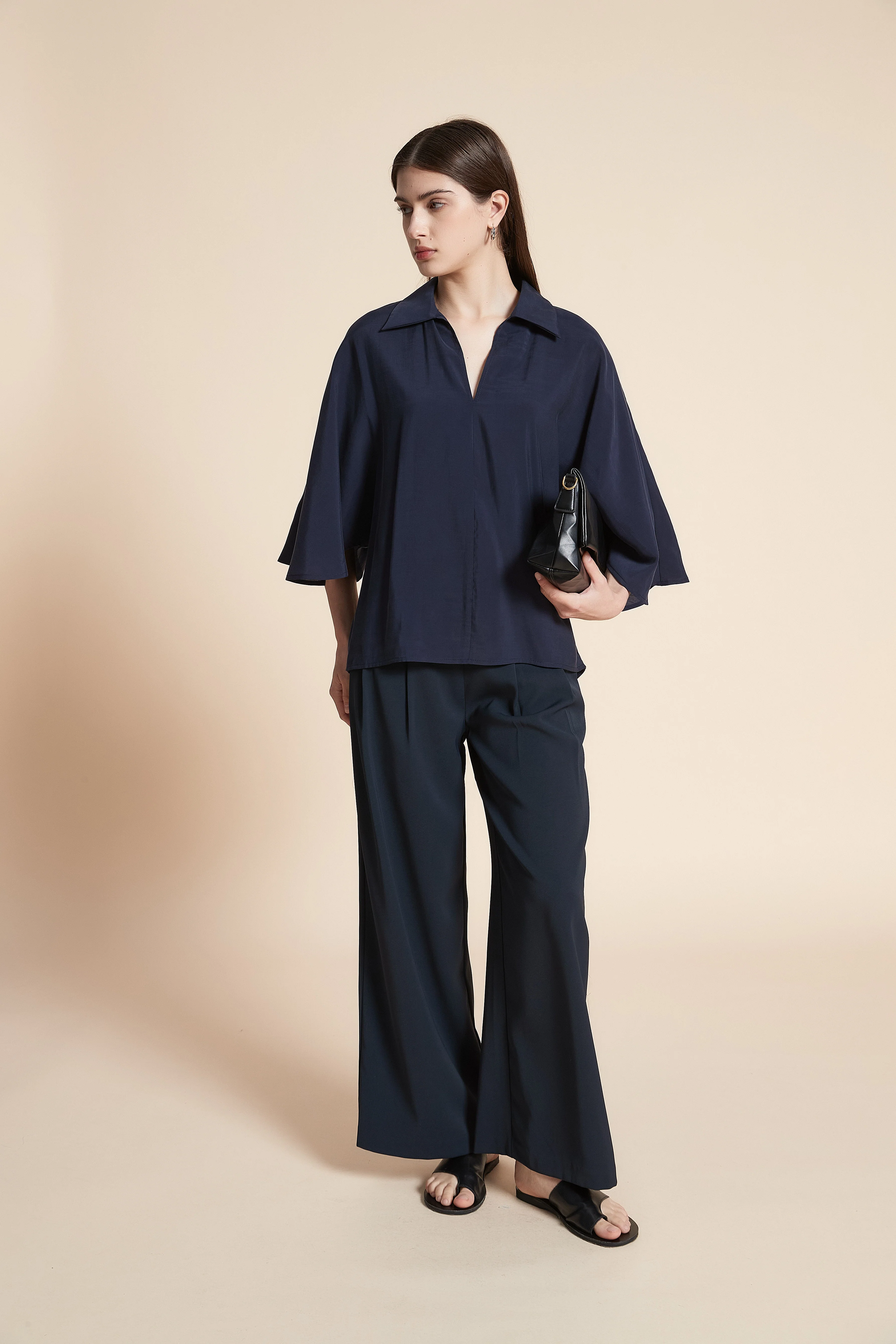 Solid Waist-Length Blouse with Butterfly Sleeves - Image 3