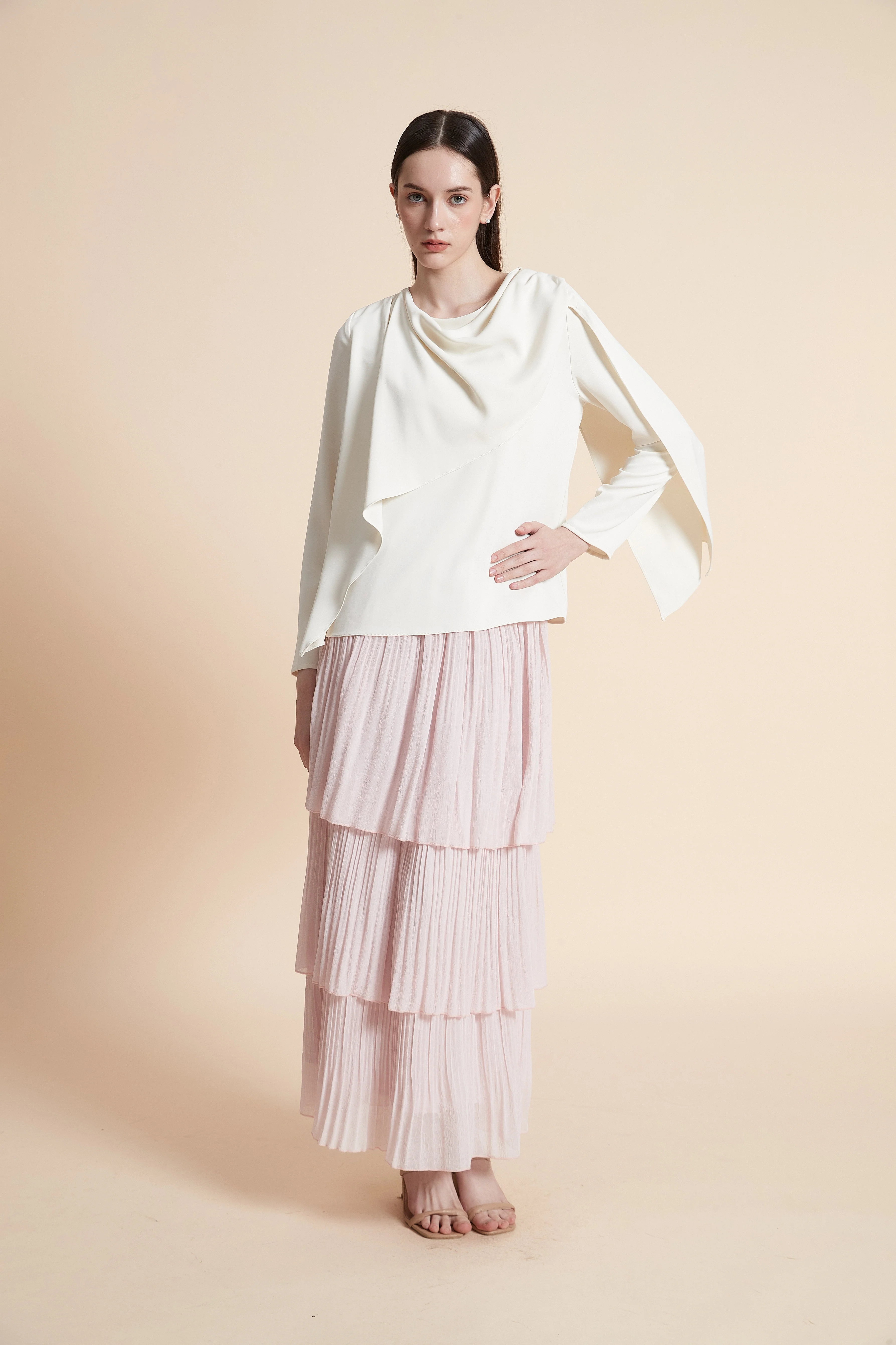 Plain Draped Blouse With Long Sleeves