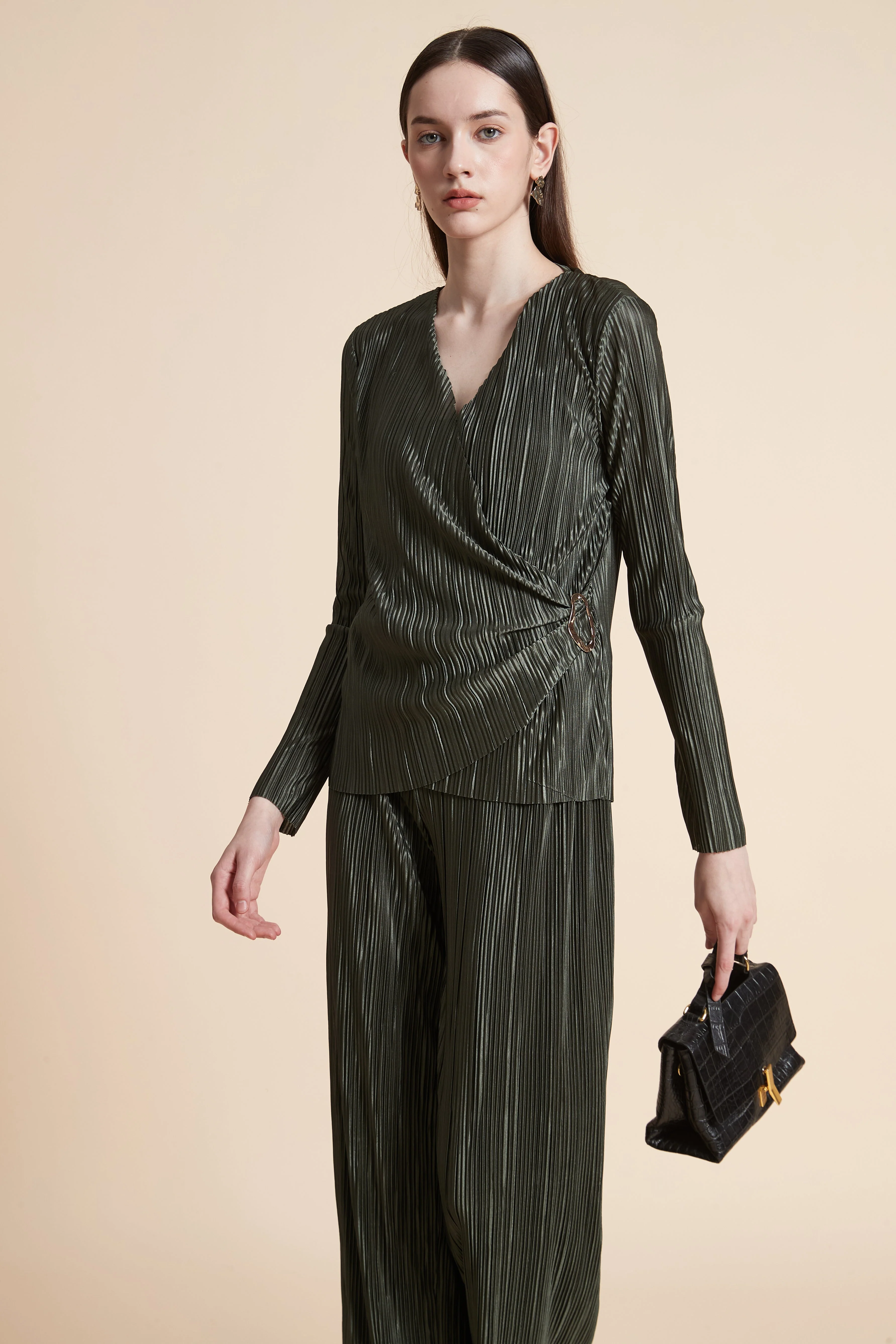 Long Sleeve Pleated Wrap Blouse