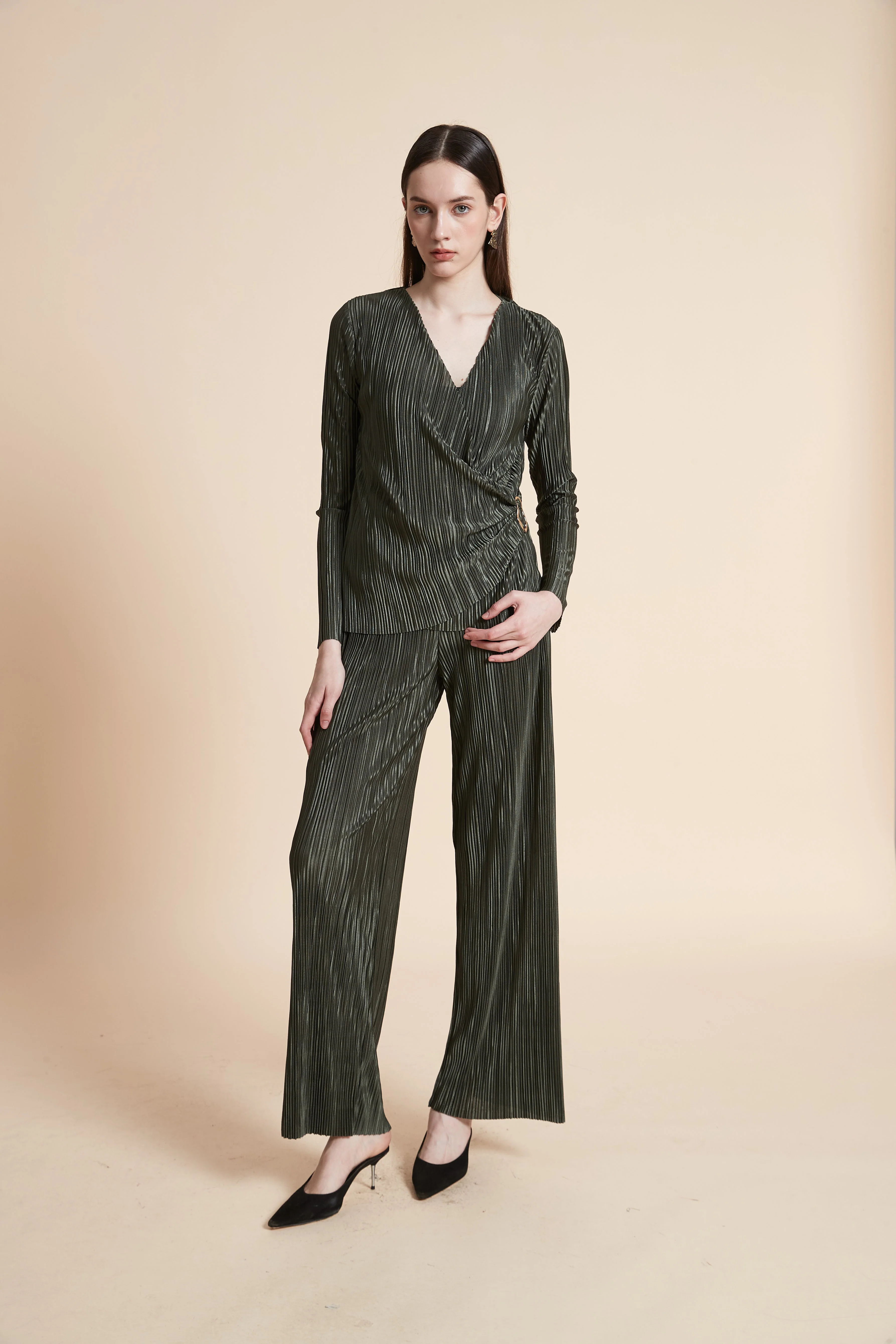 Long Sleeve Pleated Wrap Blouse - Image 3