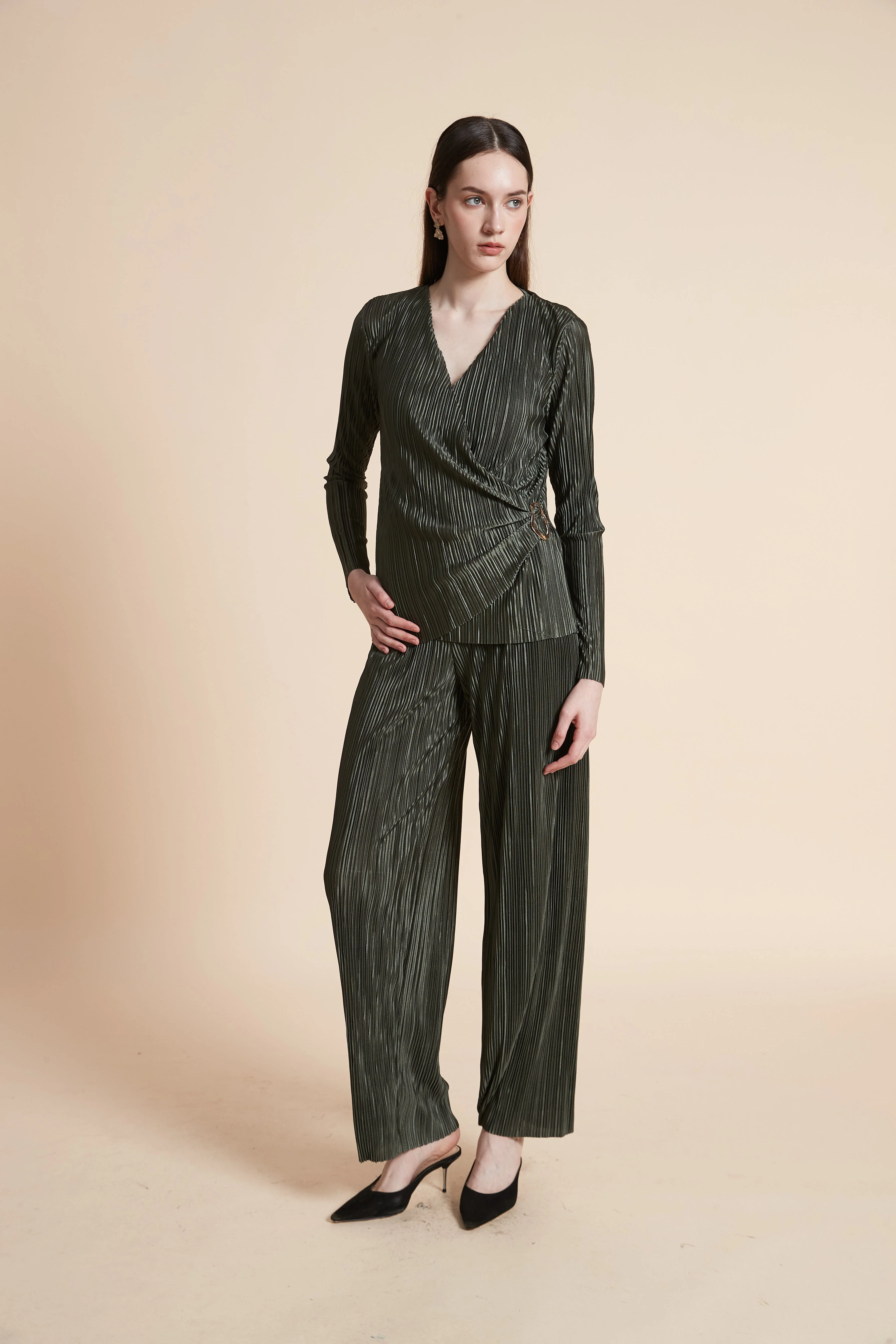 Long Sleeve Pleated Wrap Blouse - Image 4