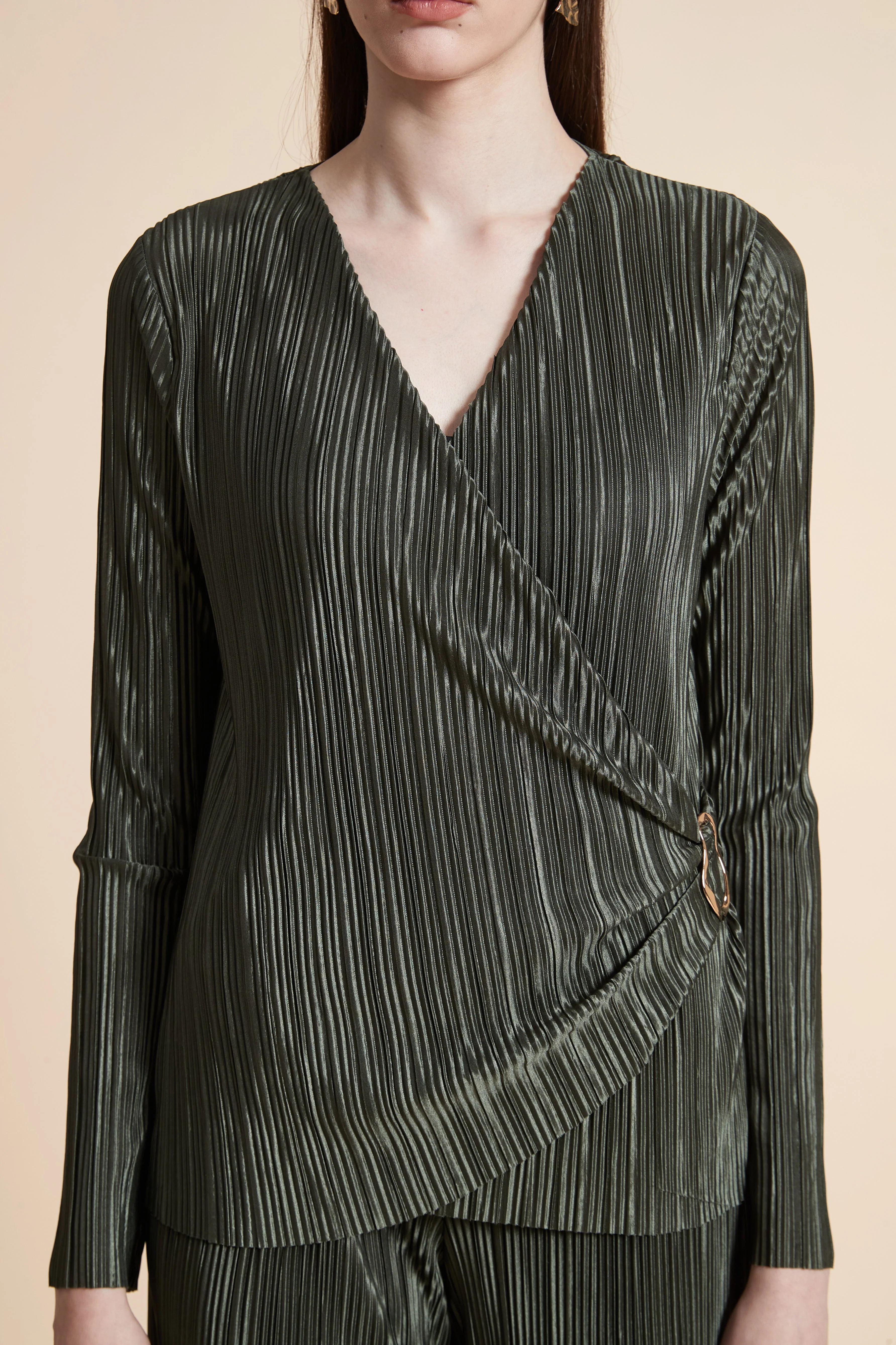 Long Sleeve Pleated Wrap Blouse - Image 5