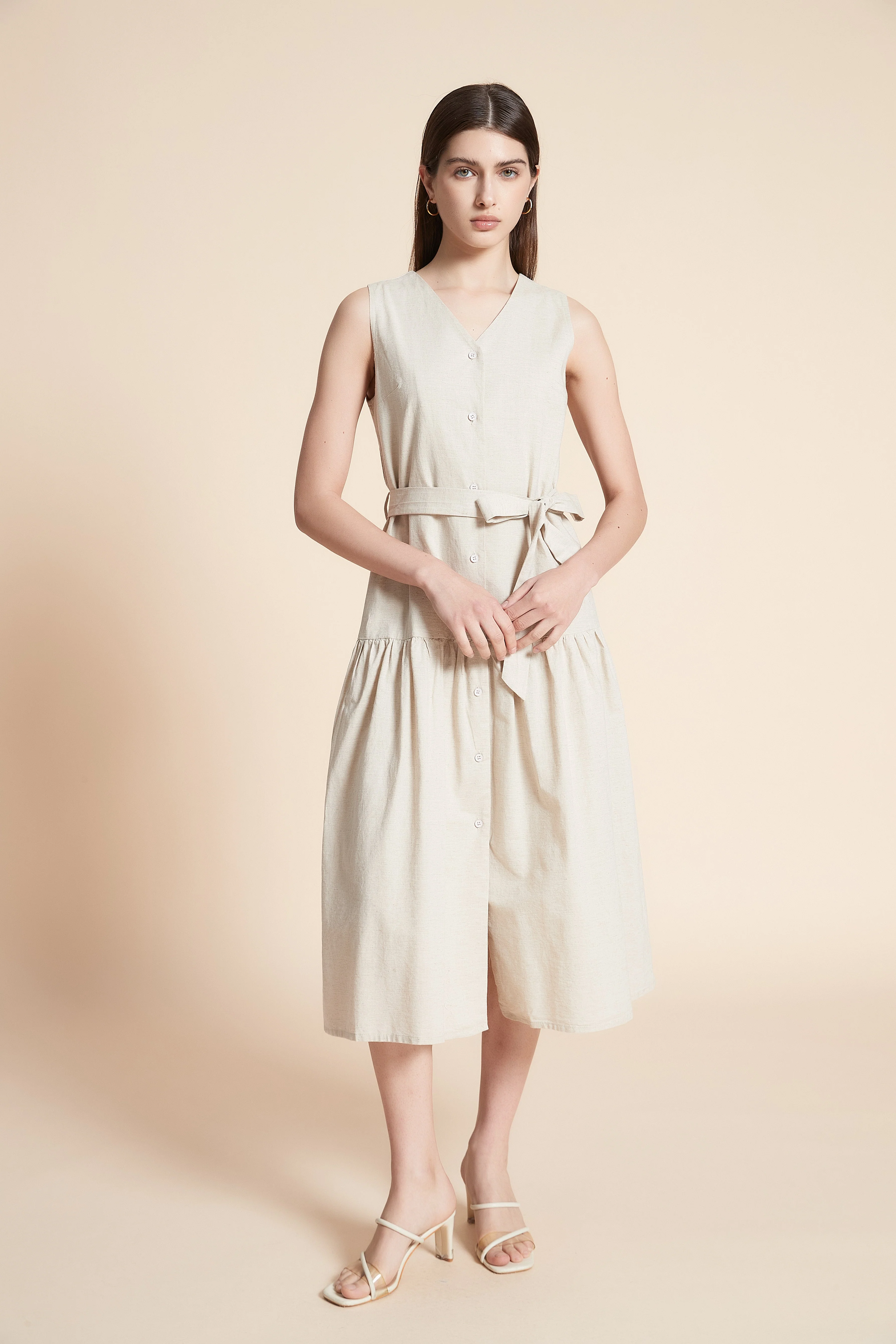 Solid Midi Sleeveless Dress with Belt - Image 3
