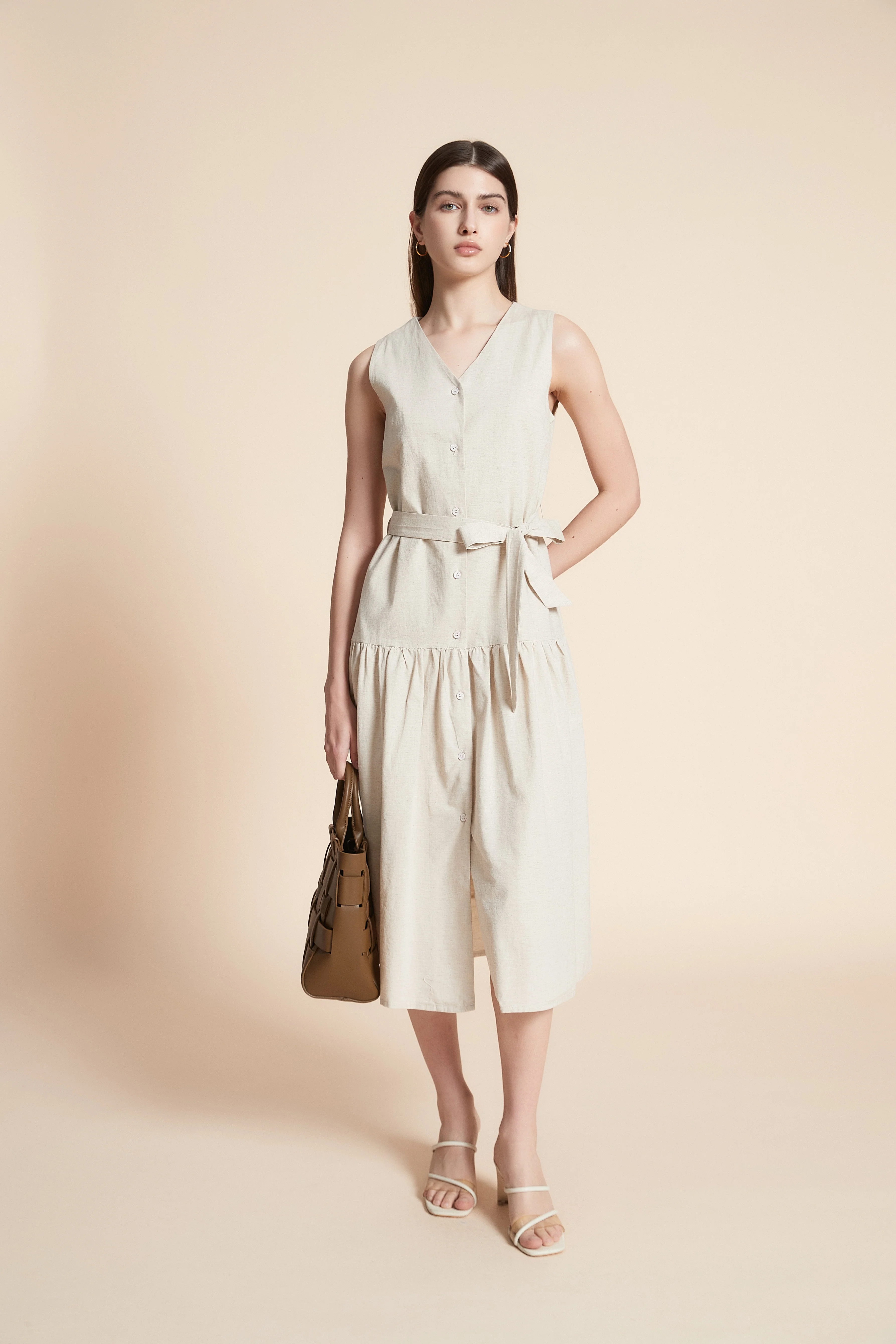 Solid Midi Sleeveless Dress with Belt - Image 4