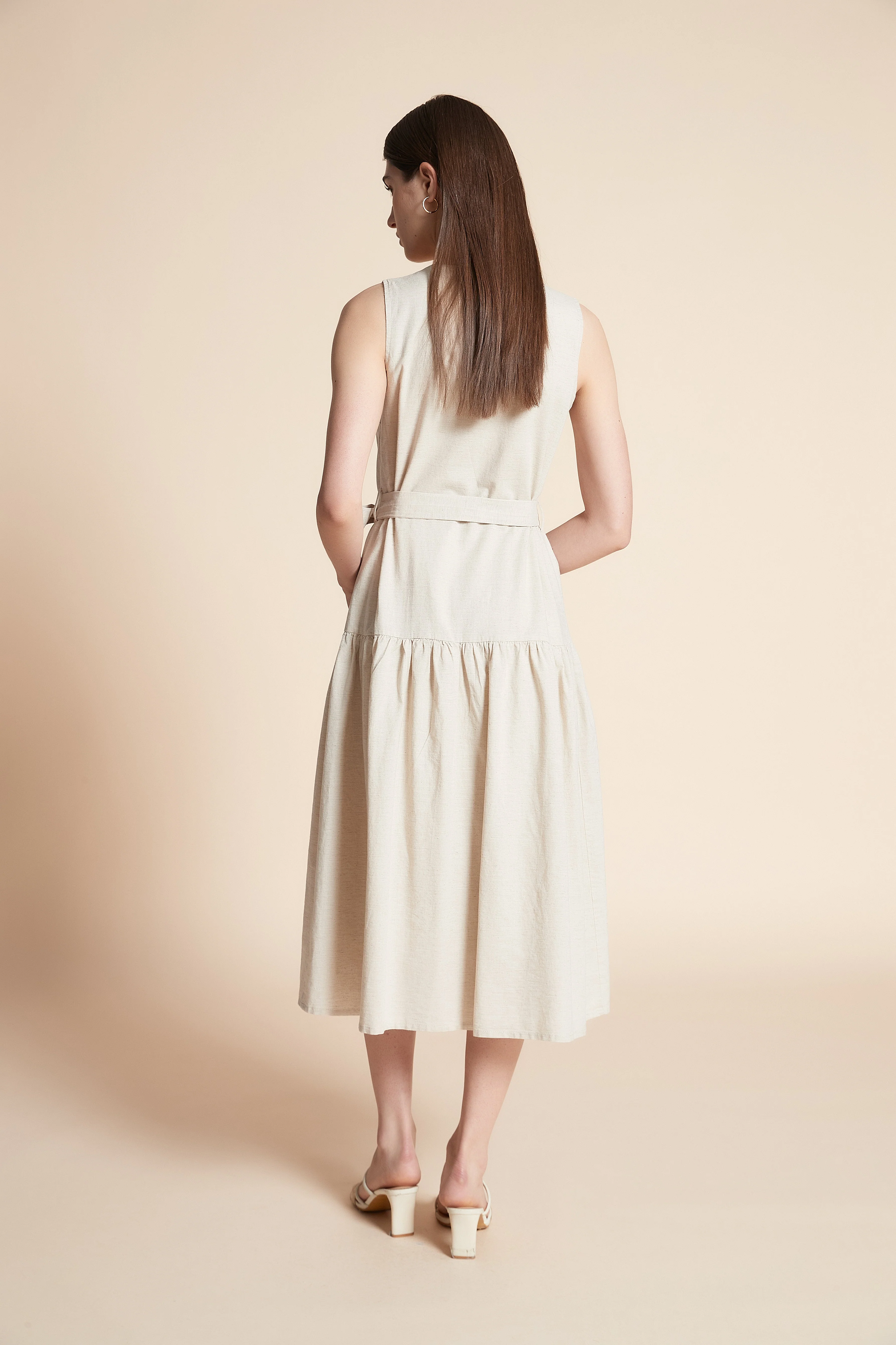 Solid Midi Sleeveless Dress with Belt - Image 6