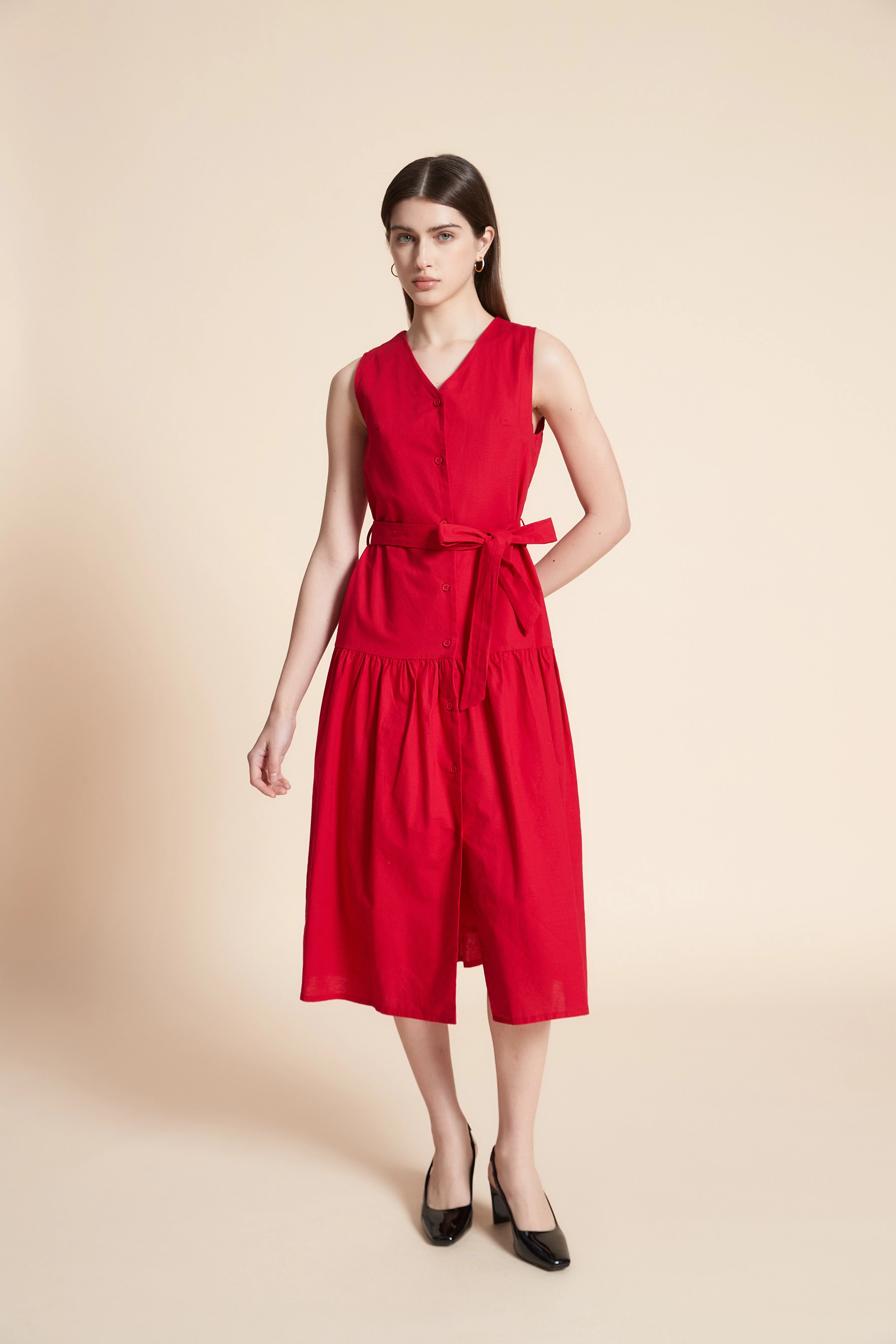 Solid Midi Sleeveless Dress with Belt - Image 7