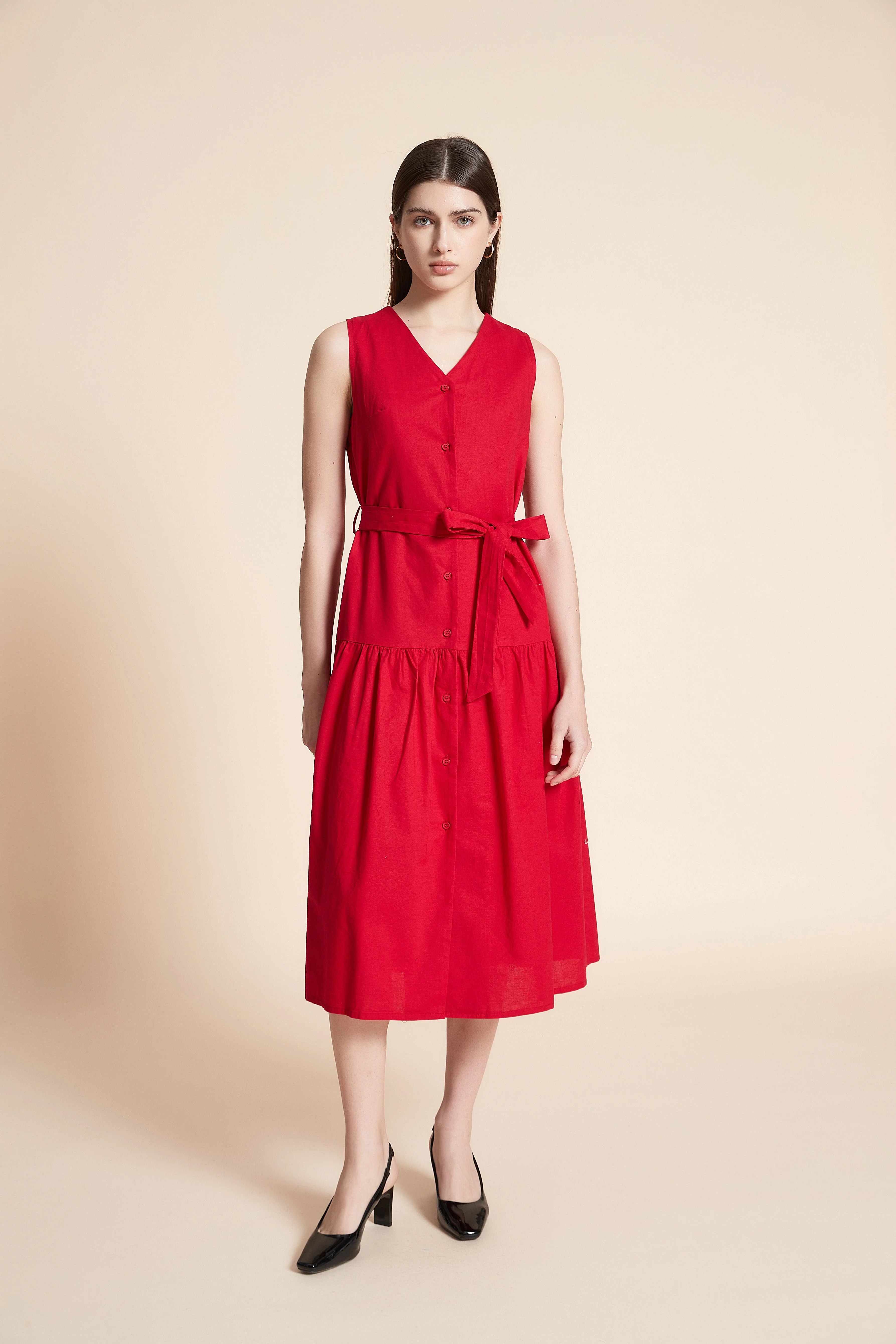 Solid Midi Sleeveless Dress with Belt - Image 8