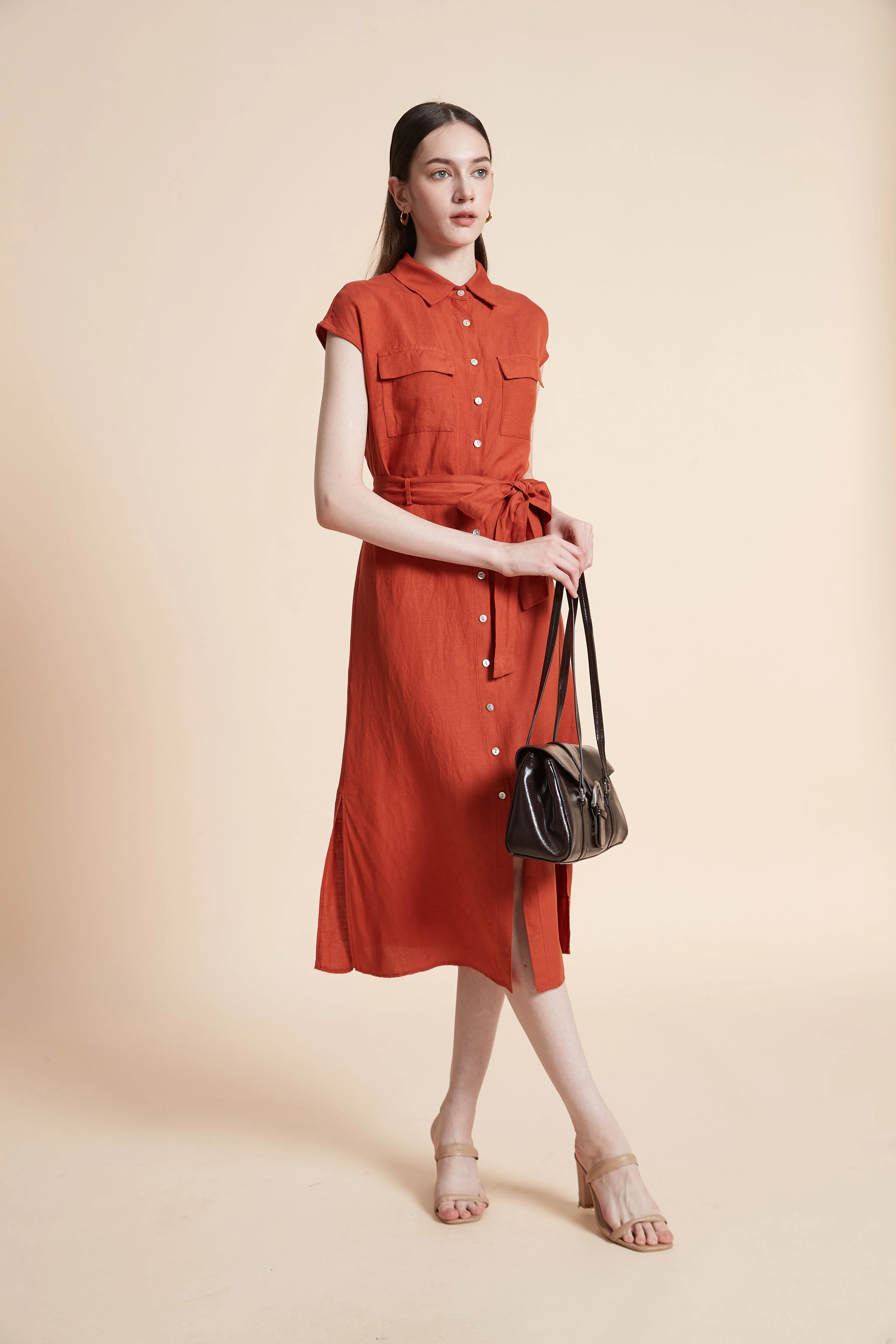 Midi Dress with Waist Tie and Short Sleeves - Image 4