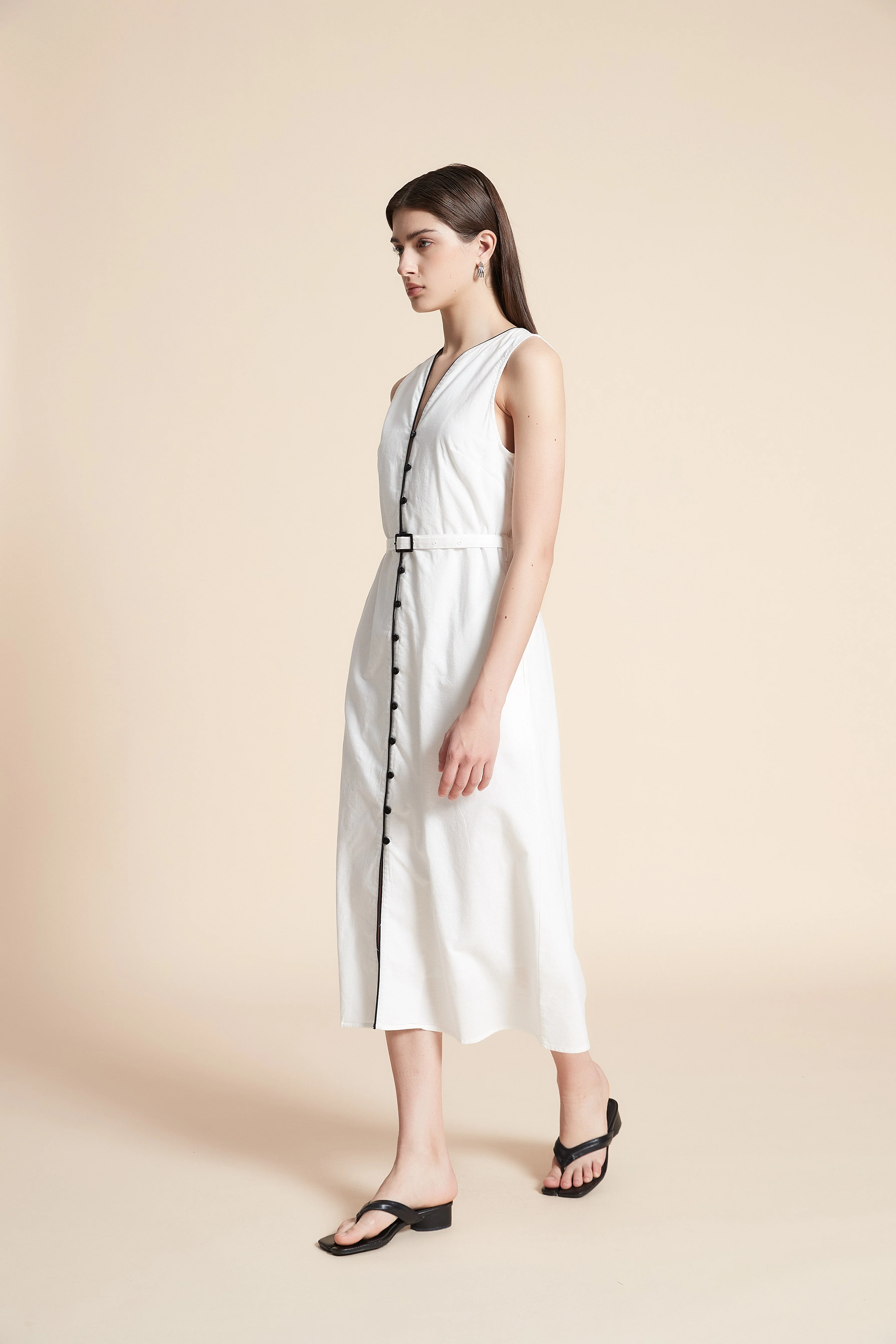 Solid Midi Sleeveless Dress with Belt - Image 3