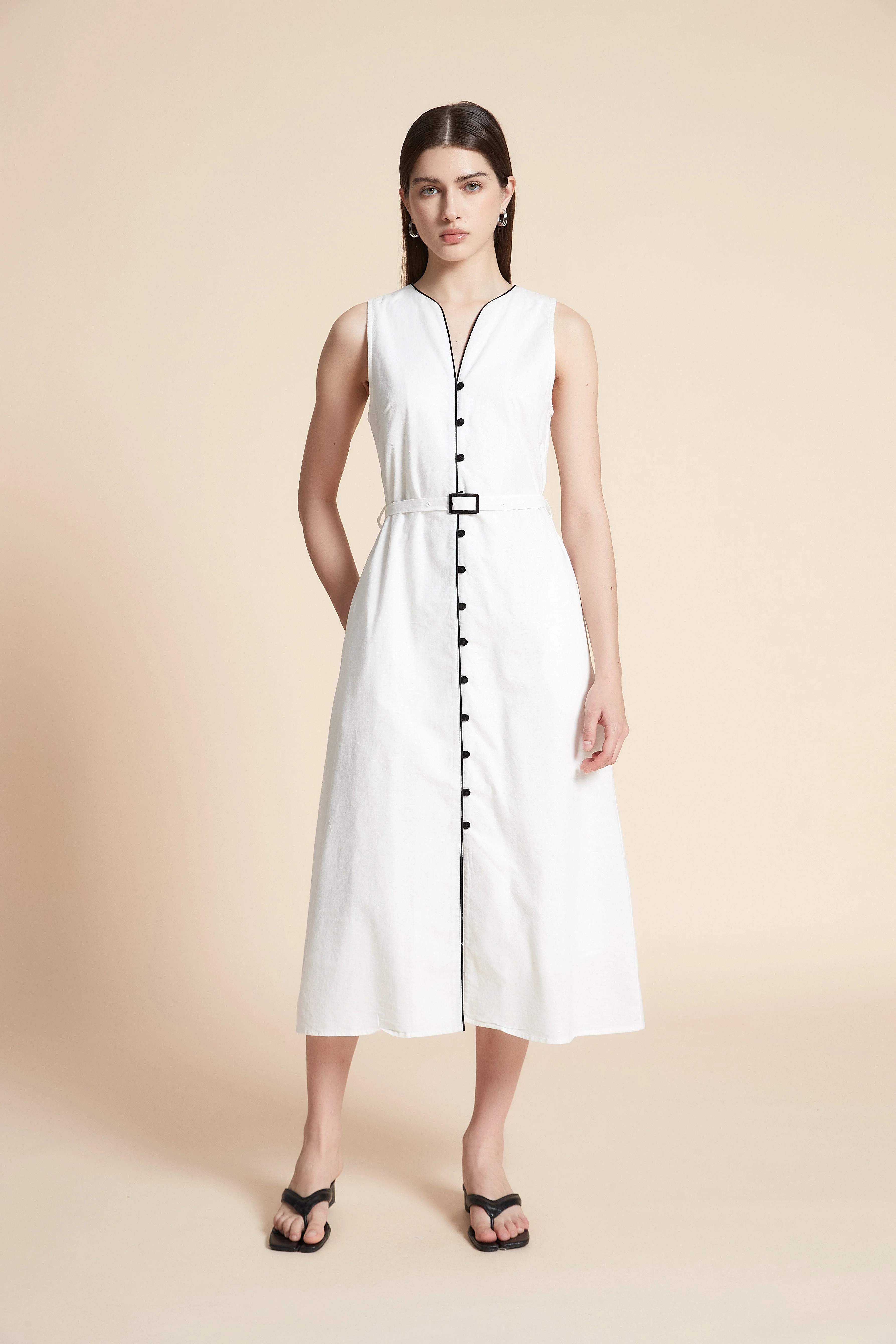Solid Midi Sleeveless Dress with Belt - Image 4