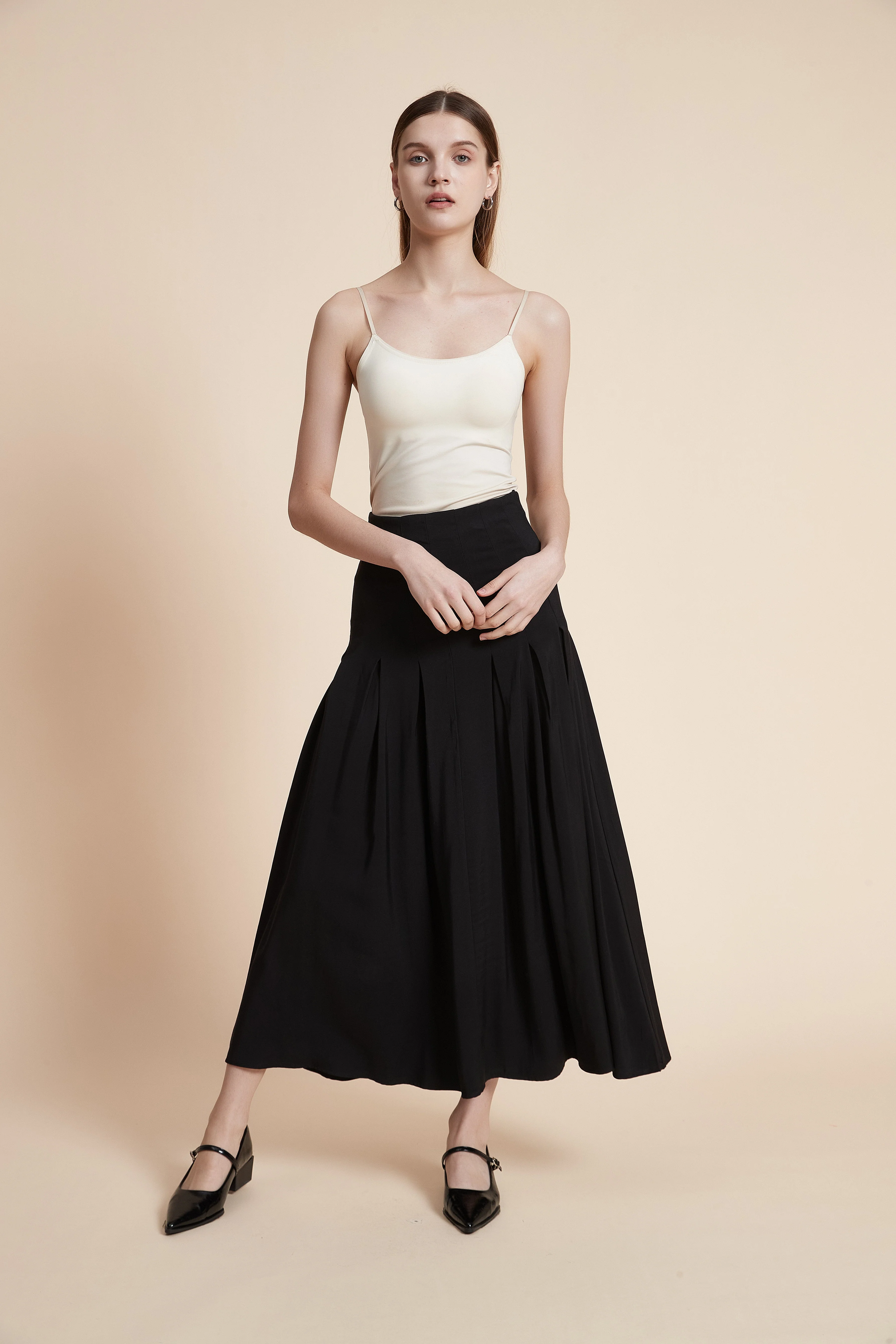 Pleated Solid Long Skirt