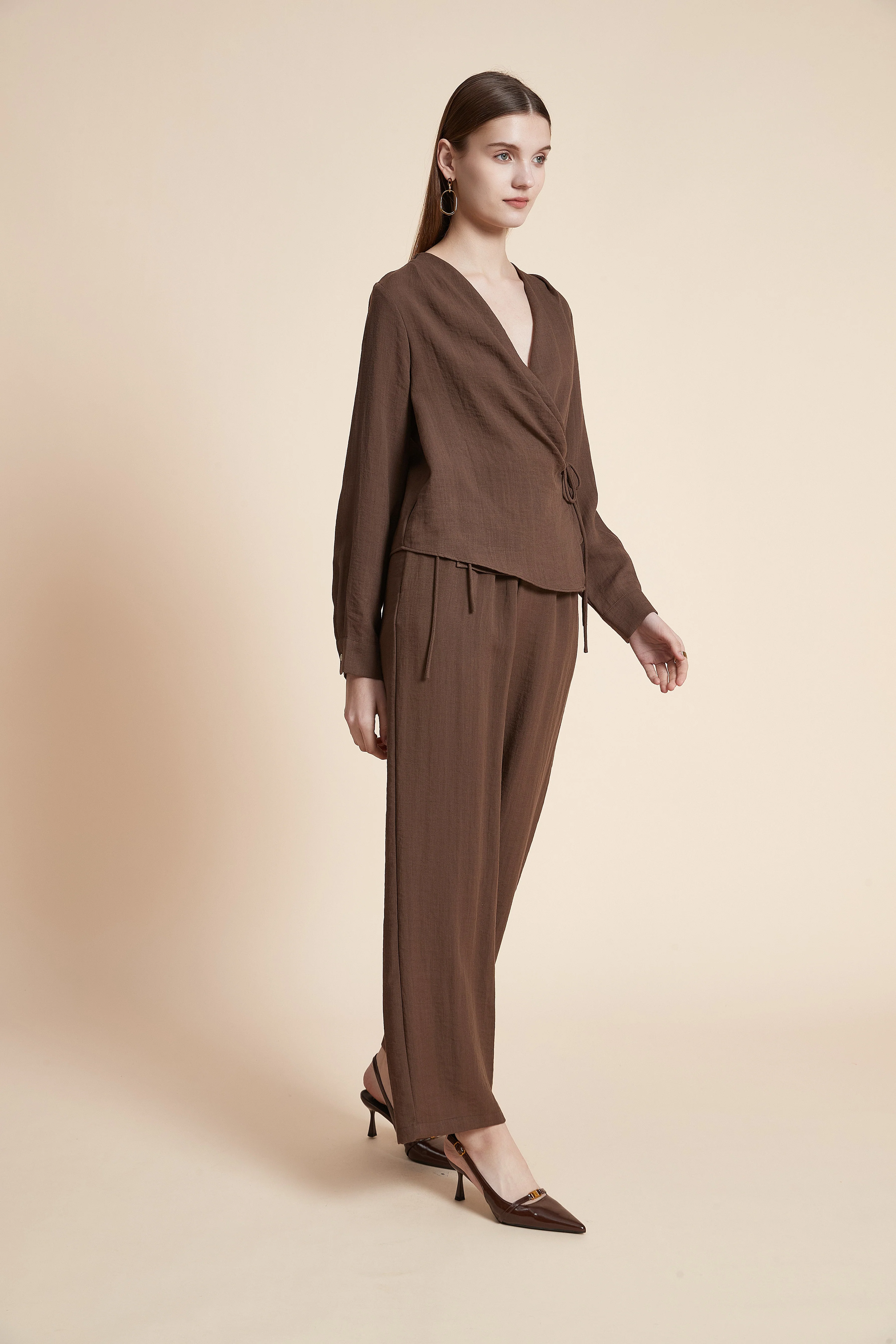 Solid Long Sleeve Wrap Blouse - Image 5