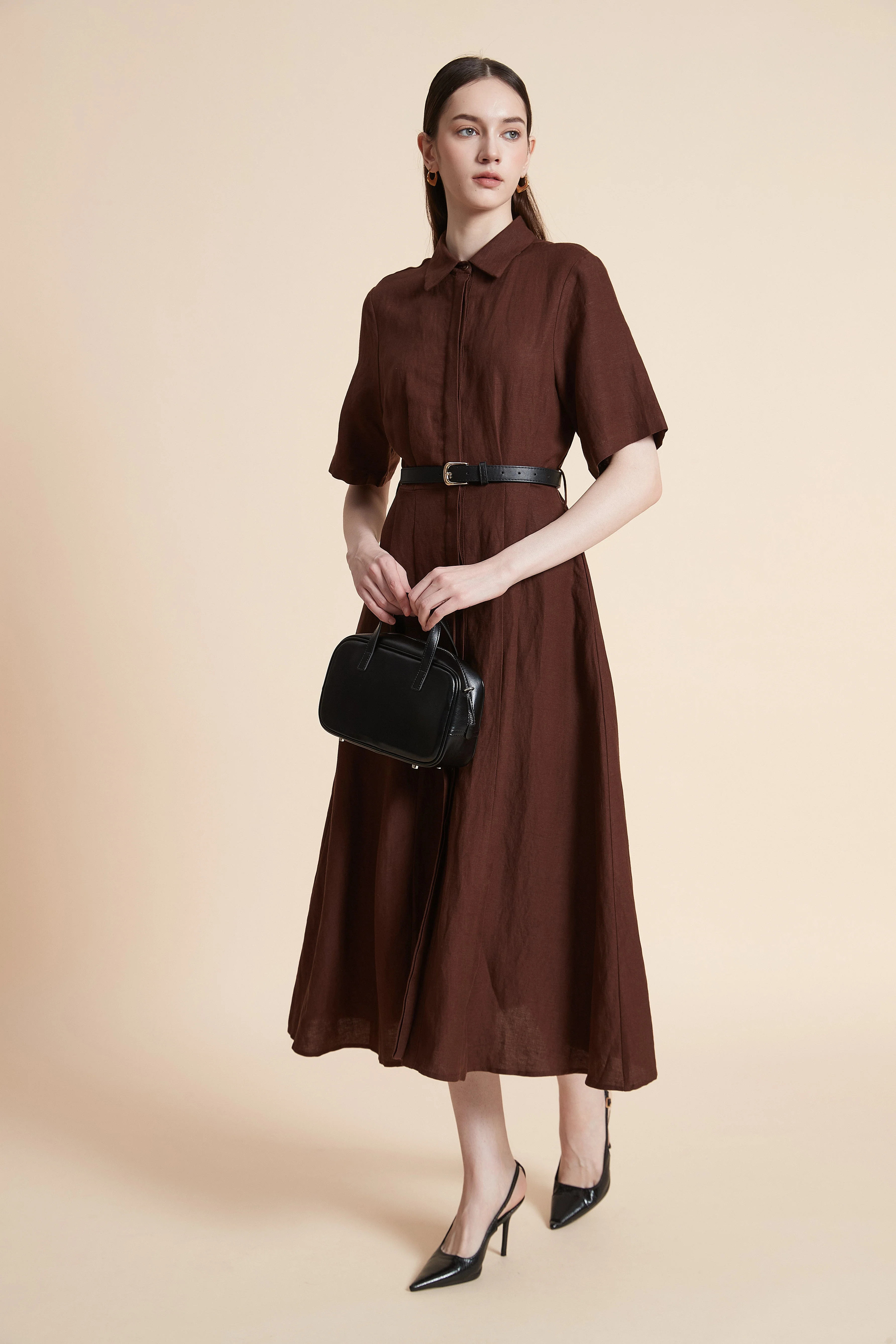 Three-Quarter Sleeve Midi Dress with Waist Belt - Image 3