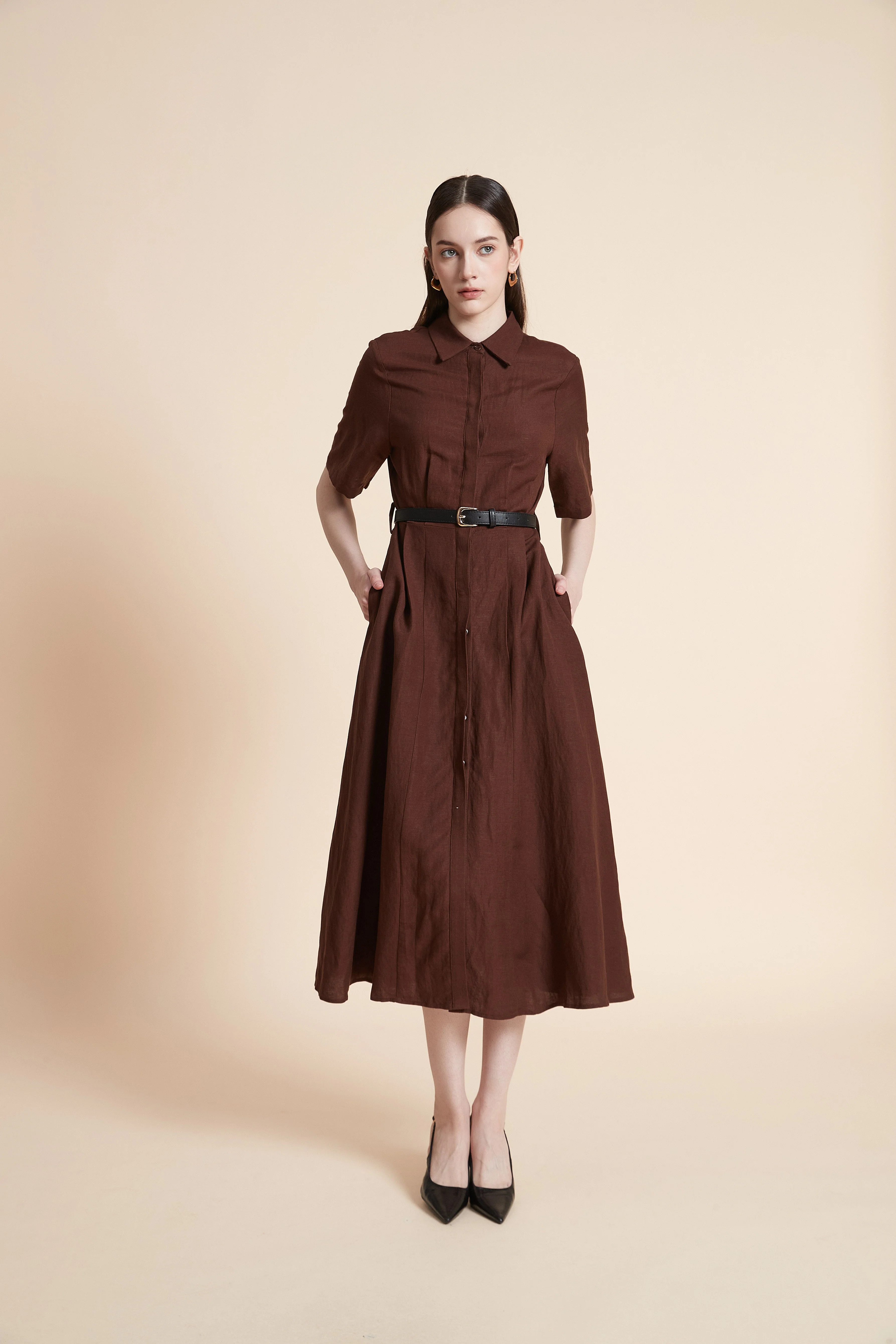 Three-Quarter Sleeve Midi Dress with Waist Belt - Image 4