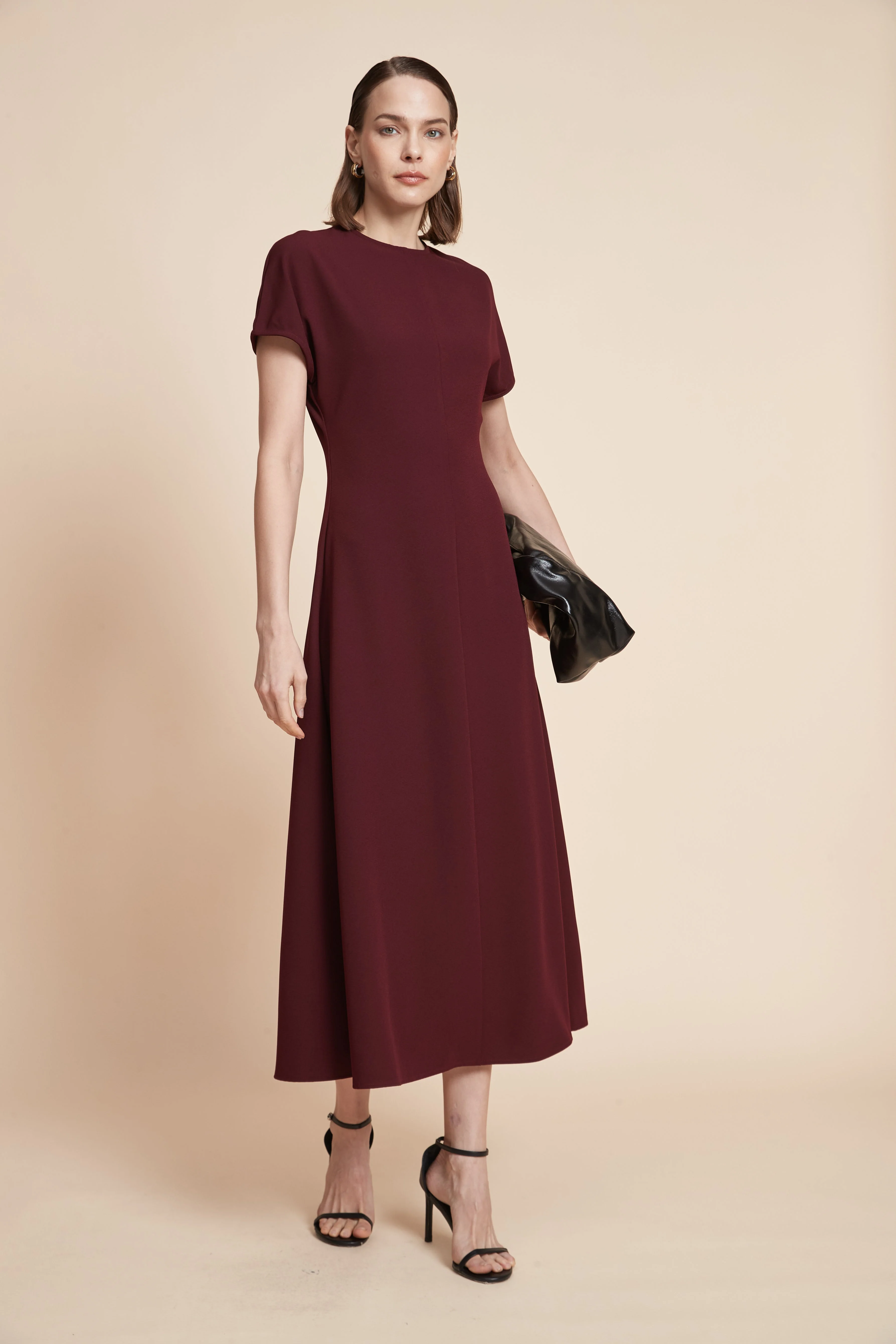 Short-Sleeved Plain Midi Dress