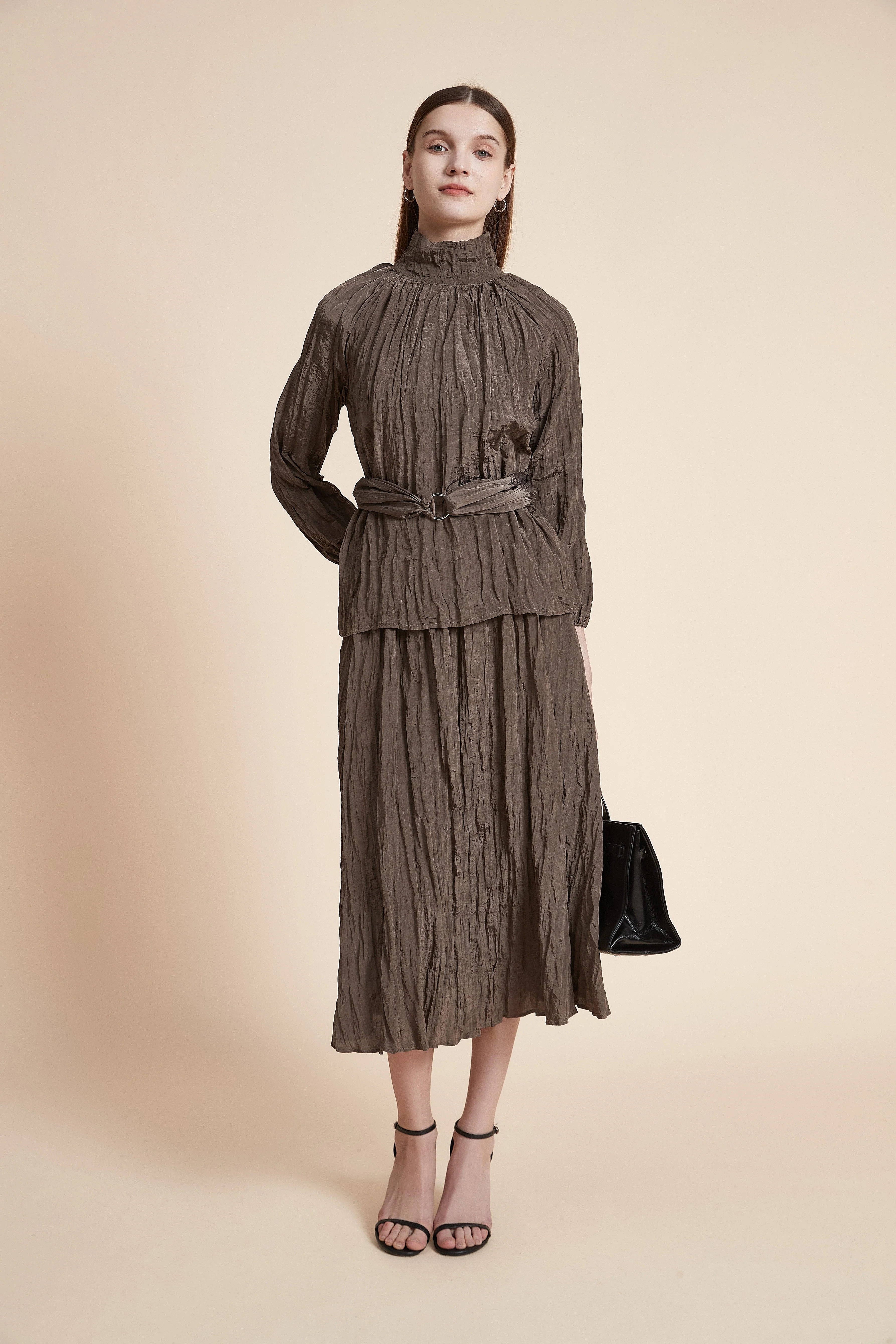 Solid High Neck Long Sleeve Blouse - Image 3
