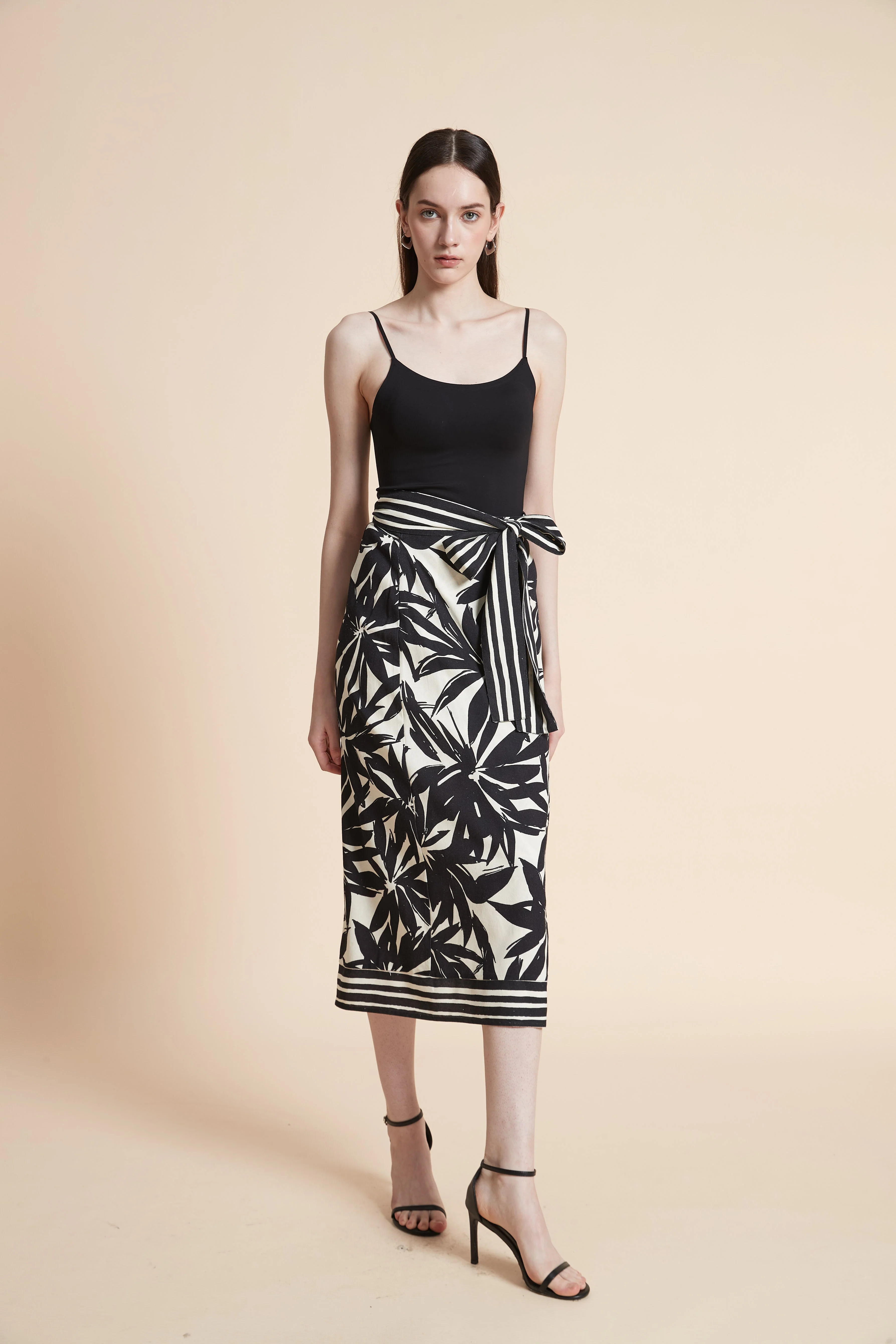 Printed Midi Skirt with Waist Tie - Image 2