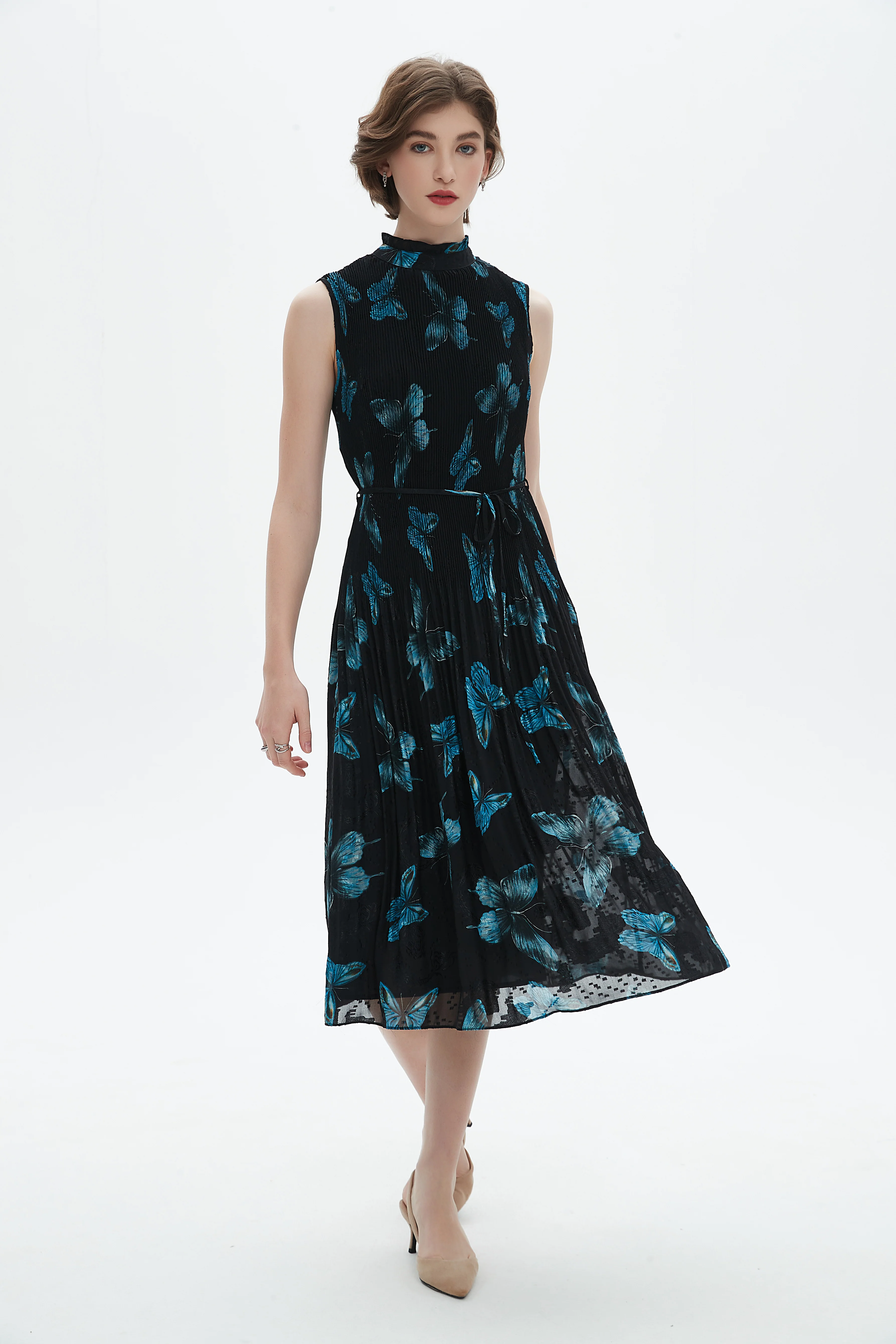 Sleeveless Midi Dress With A Butterfly Print