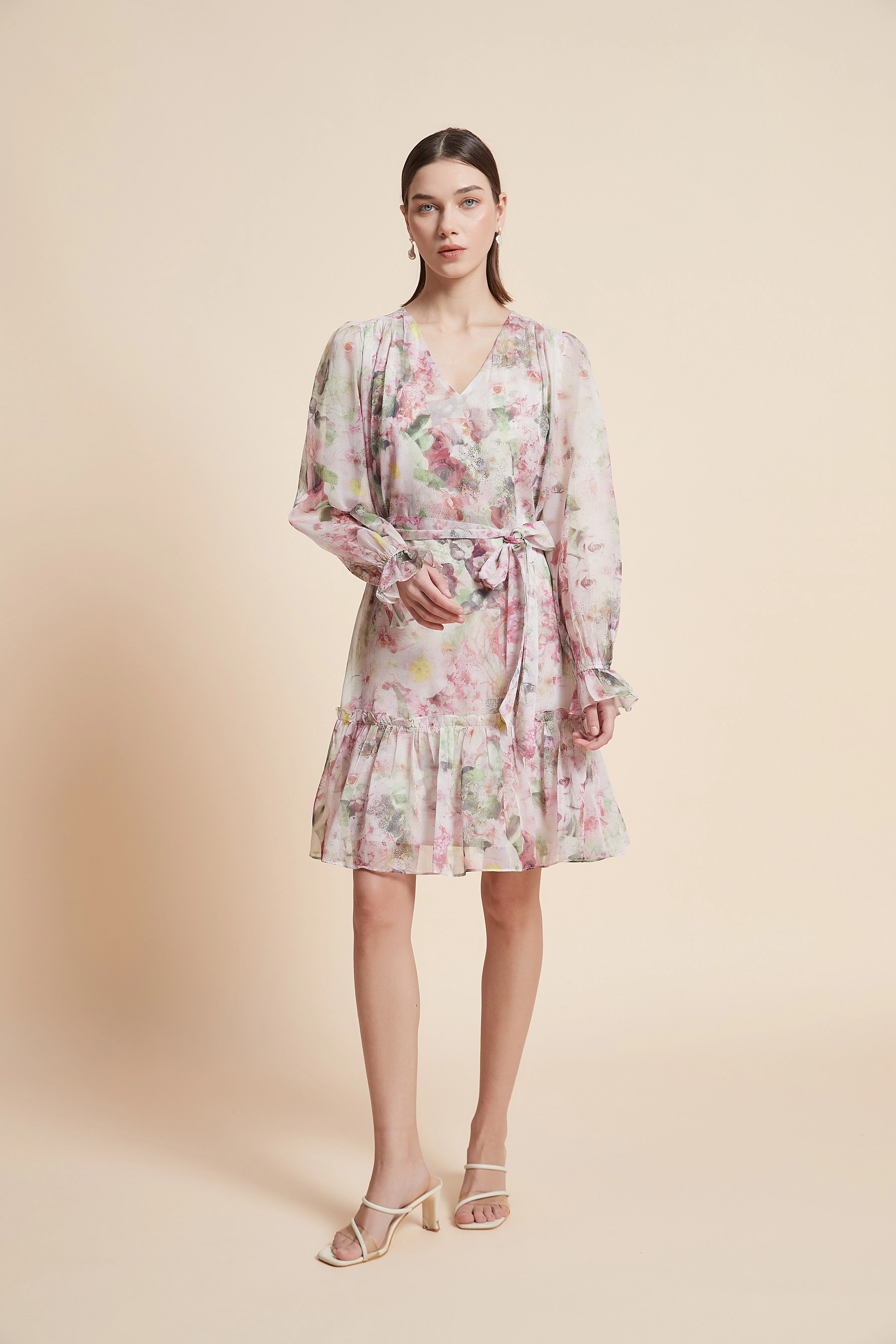 Print Knee-Length Floral Long-Sleeve Dress - Image 3