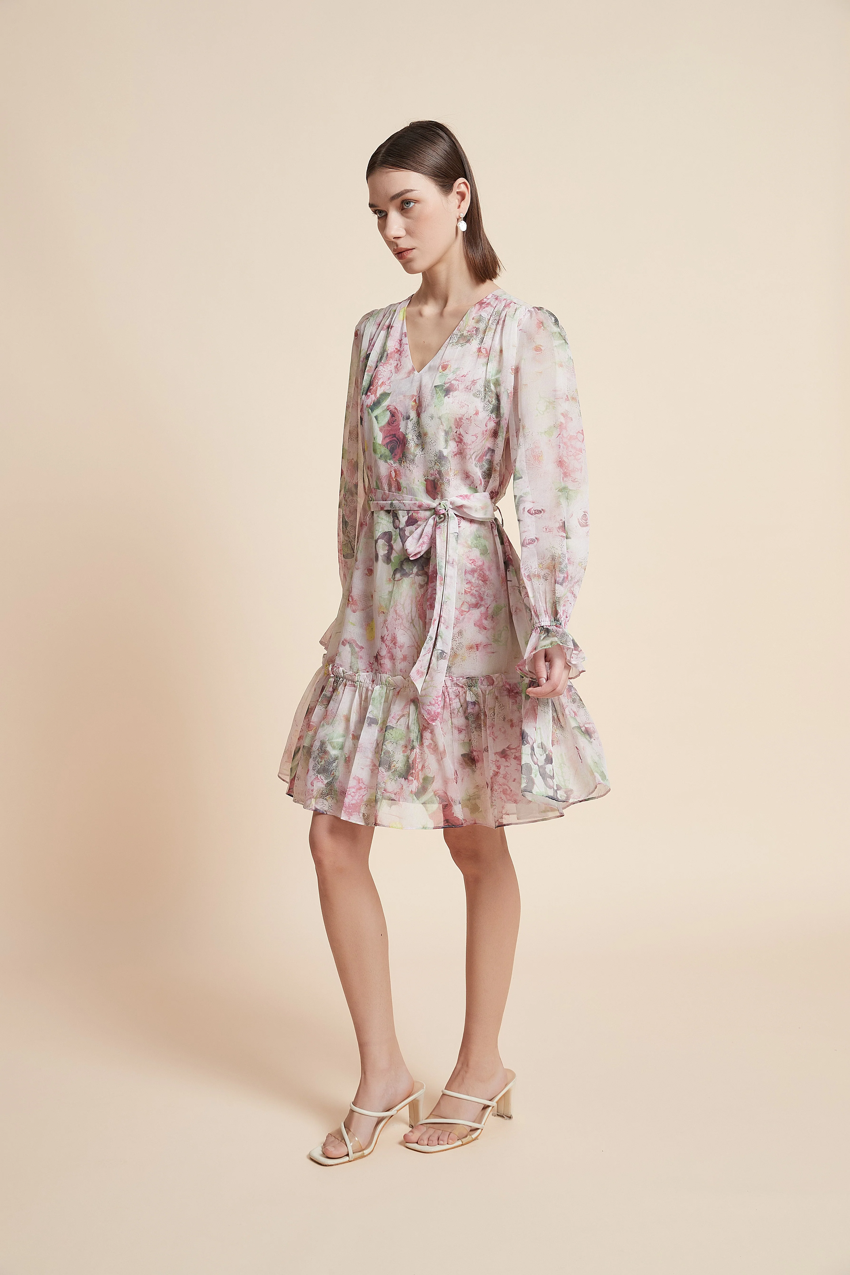 Print Knee-Length Floral Long-Sleeve Dress - Image 4