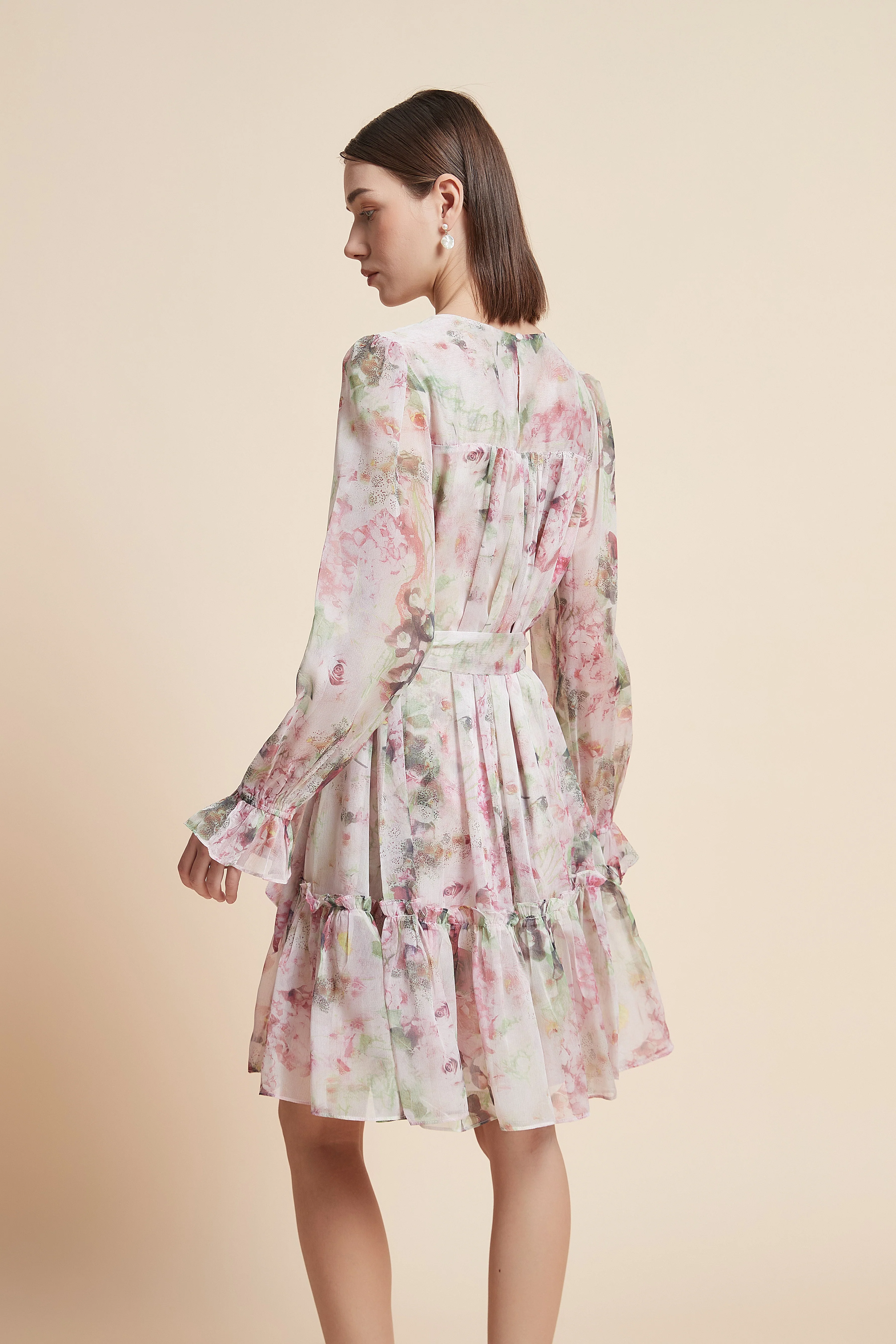 Print Knee-Length Floral Long-Sleeve Dress - Image 6