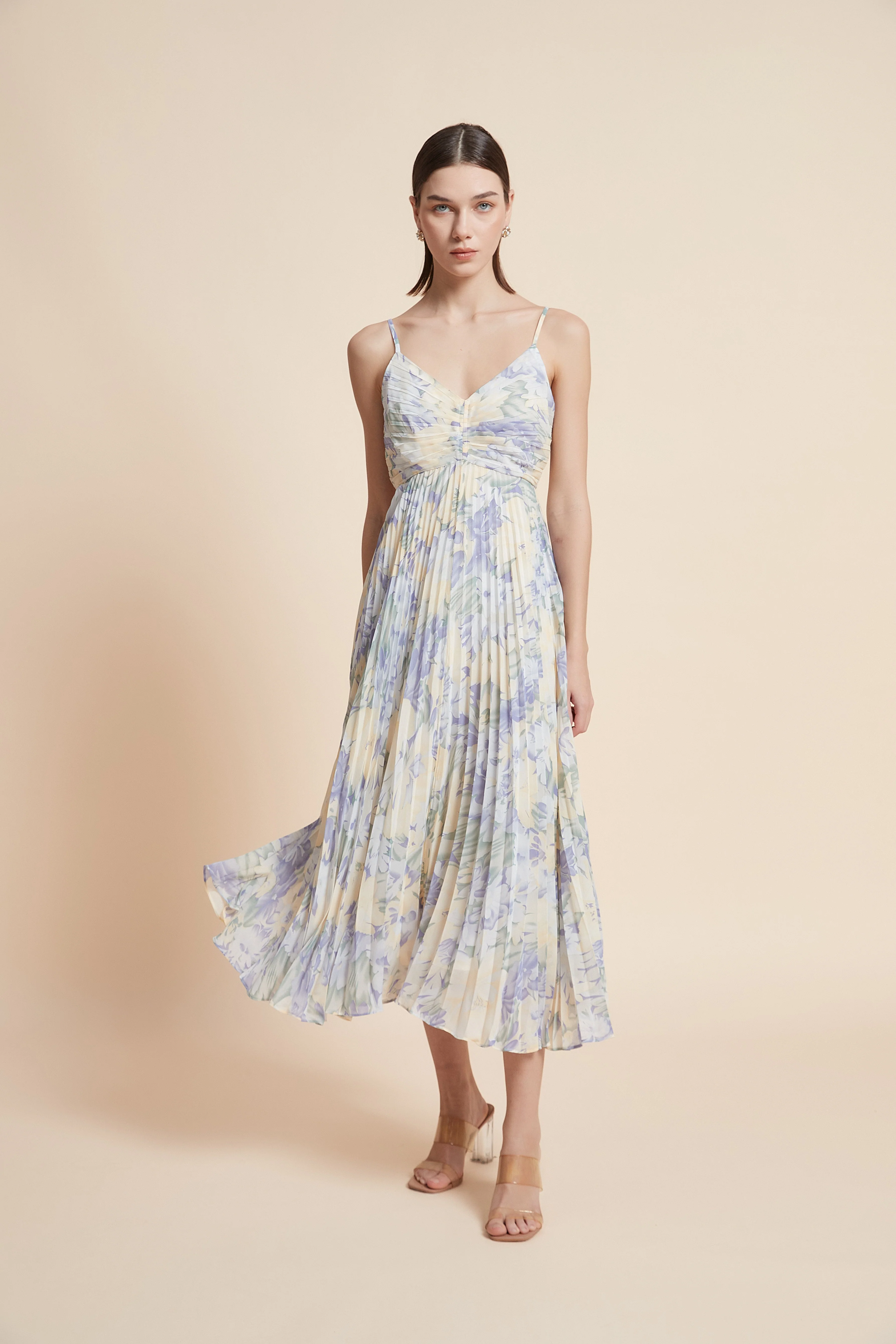 Pleated Floral Strap Dress
