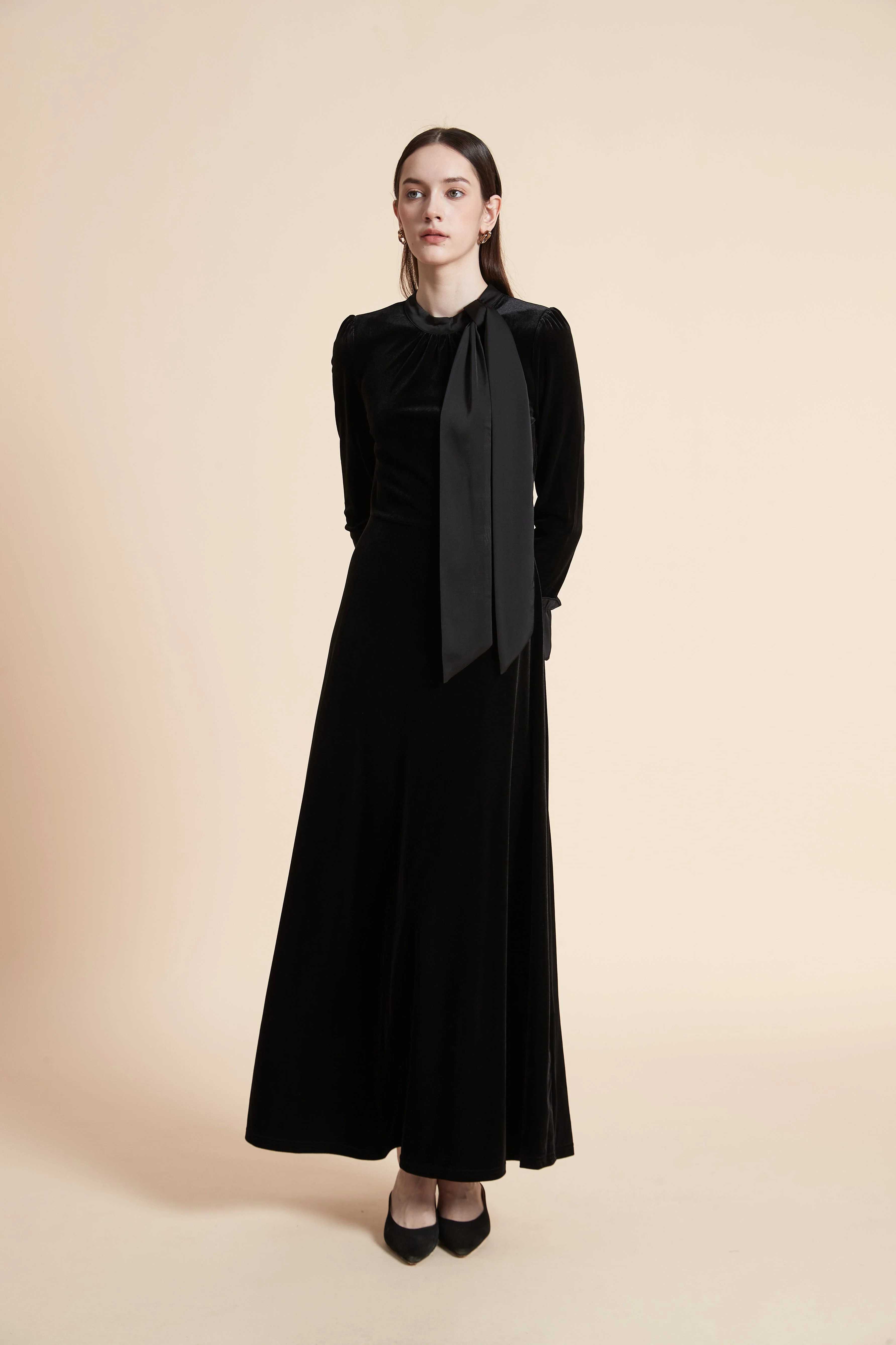 Solid Long Sleeve Maxi Dress with Tie Neck - Image 2