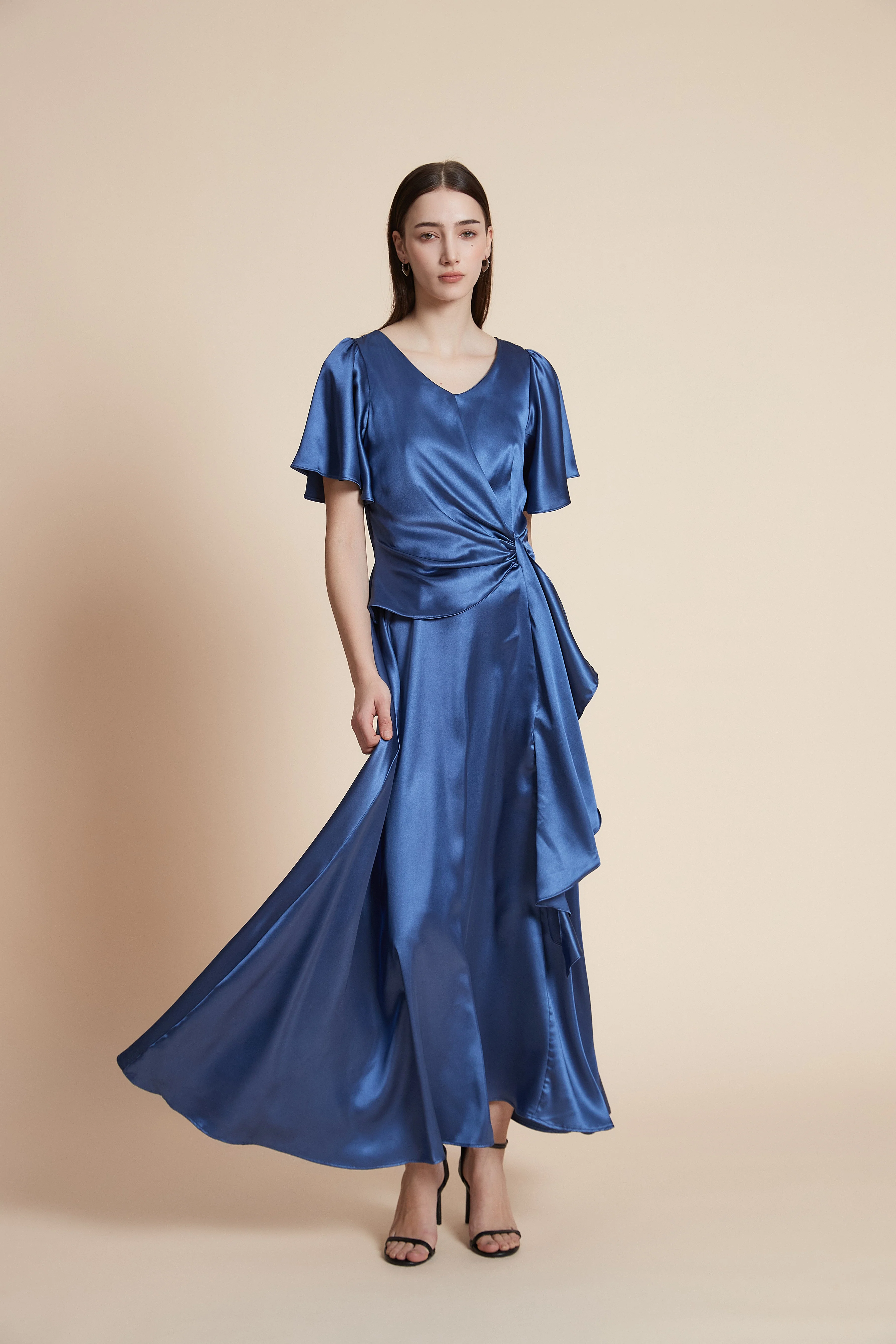 Print Half-Sleeve Wide-Cut Plain Midi Dress - Image 2