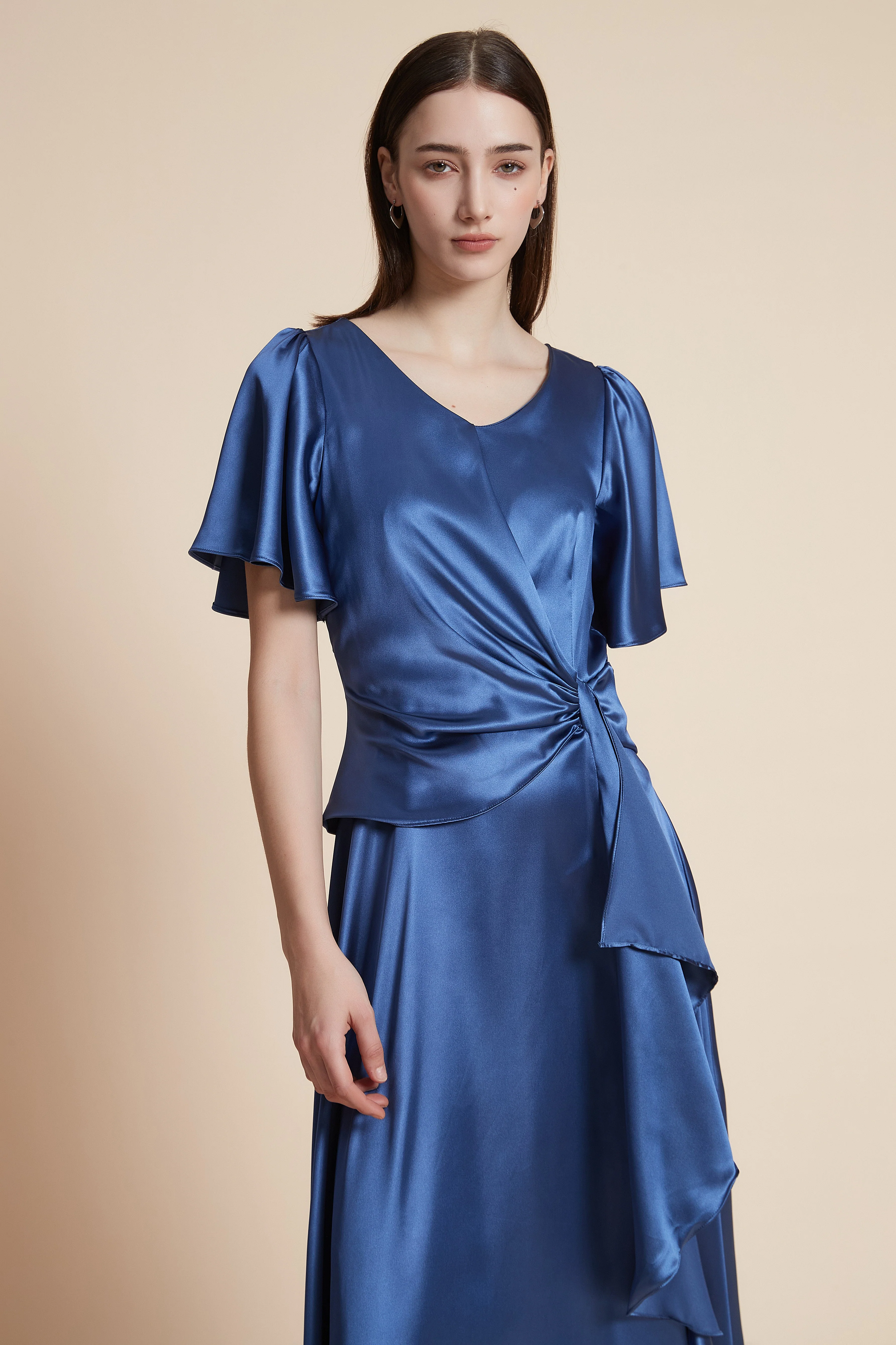 Print Half-Sleeve Wide-Cut Plain Midi Dress - Image 5