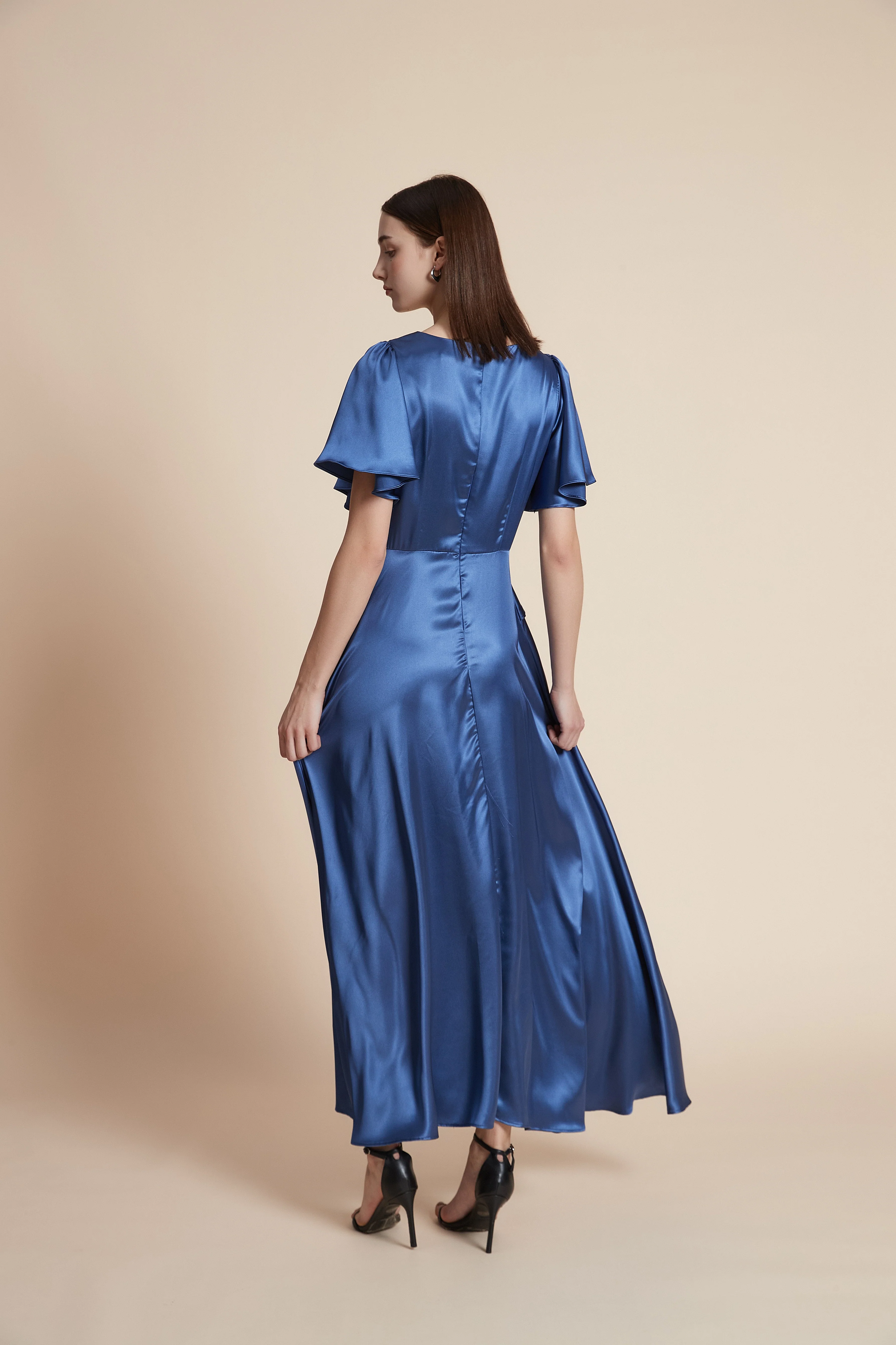 Print Half-Sleeve Wide-Cut Plain Midi Dress - Image 6